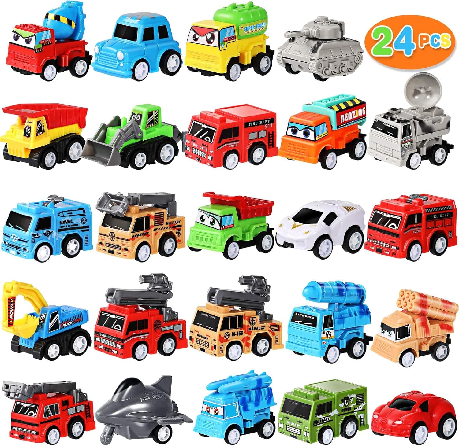 MGparty 24 Pieces Mini Pull Back City Cars and Trucks Toy Vehicles Set for Kids Children Party Favors Birthday Game Supplies