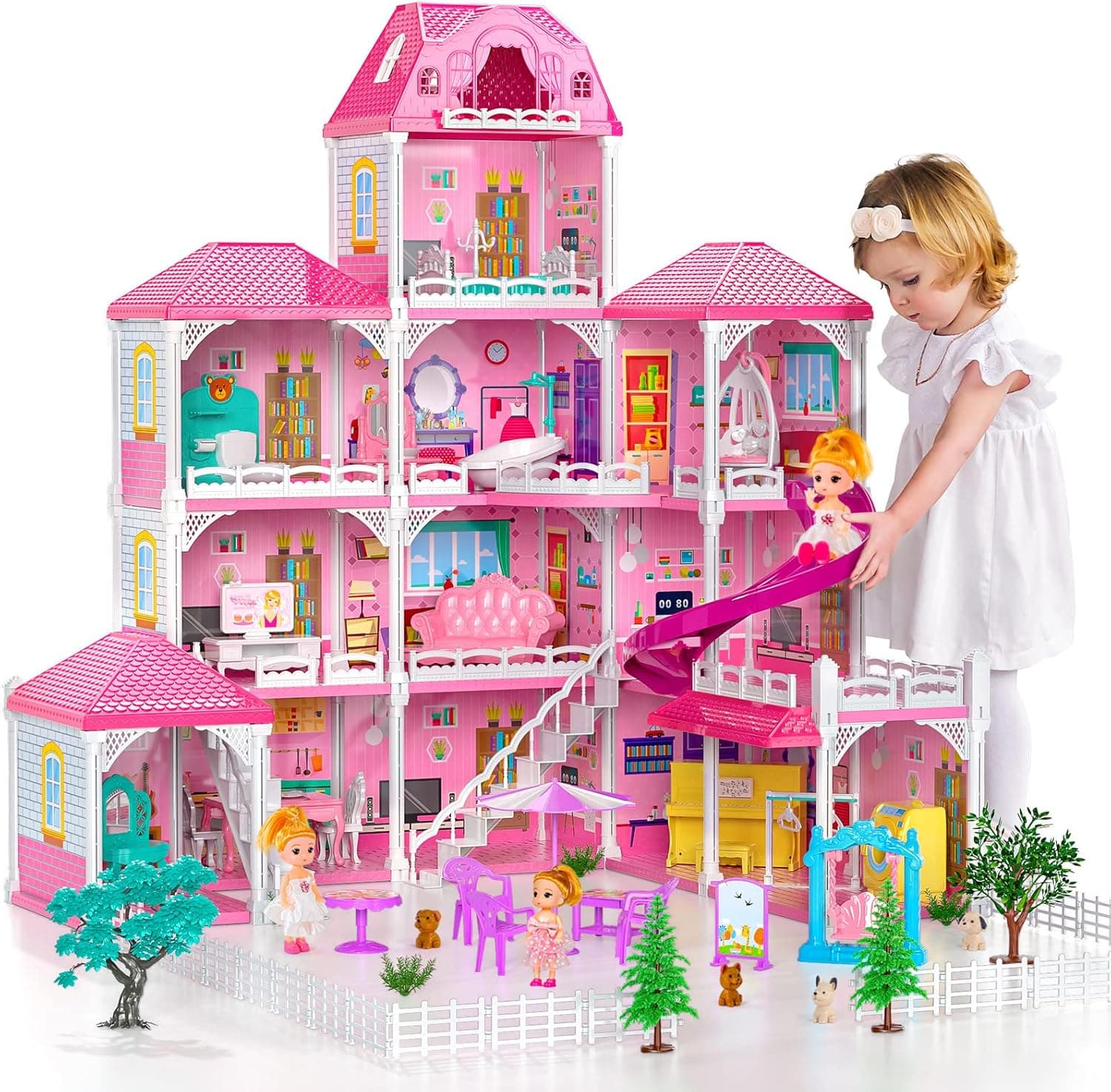 TEMI Doll House Dreamhouse for Girls - 4-Story 12 Rooms Playhouse with 2 Dolls Toy Figures, Fully Furnished Fashion Dollhouse, Pretend Play House with Accessories, Gift Toy for Kids Ages 3 4 5 6 7 8+