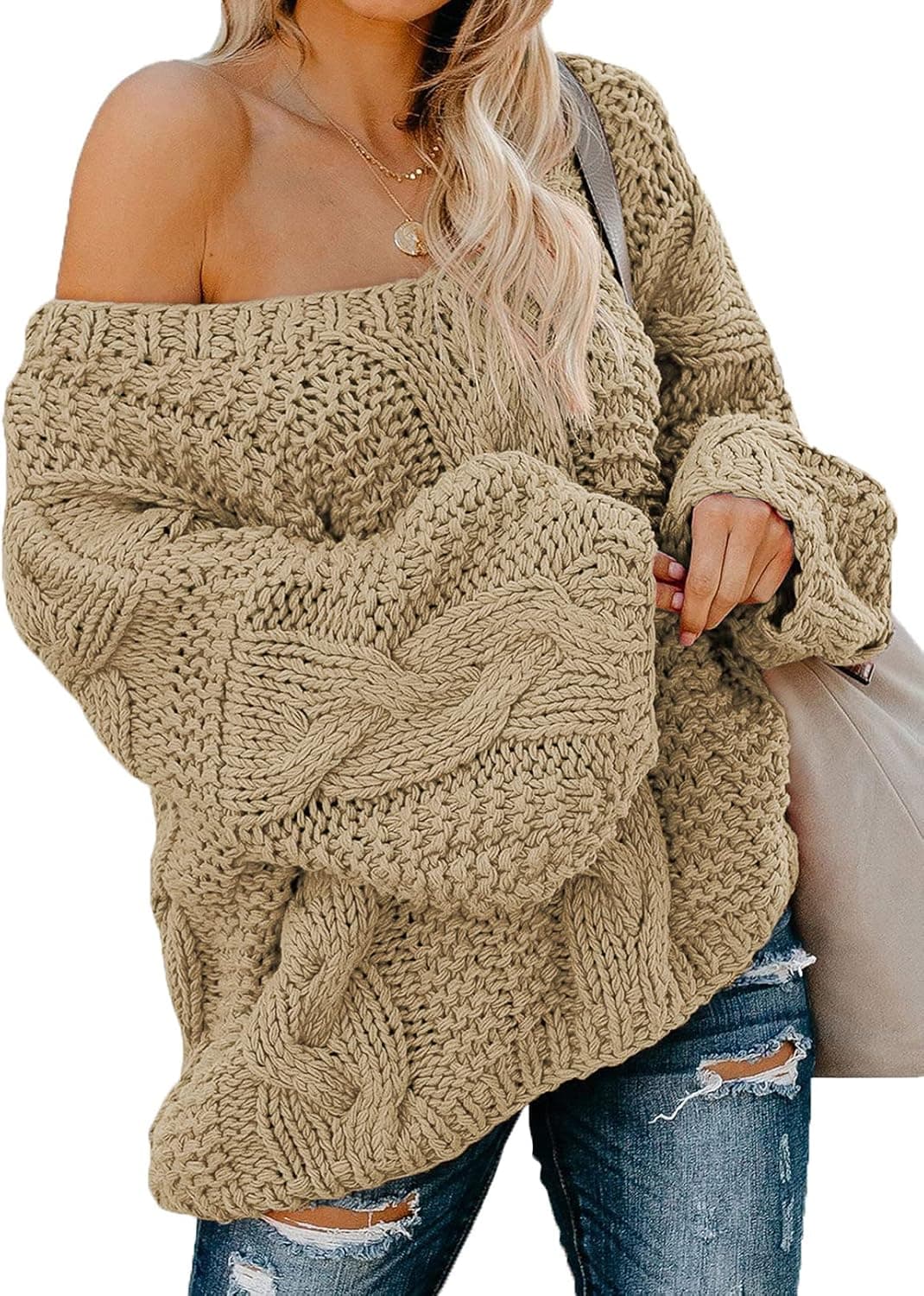 Astylish Women Sexy Long Sleeve Off Shoulder Loose Cable Knit Pullover Sweater