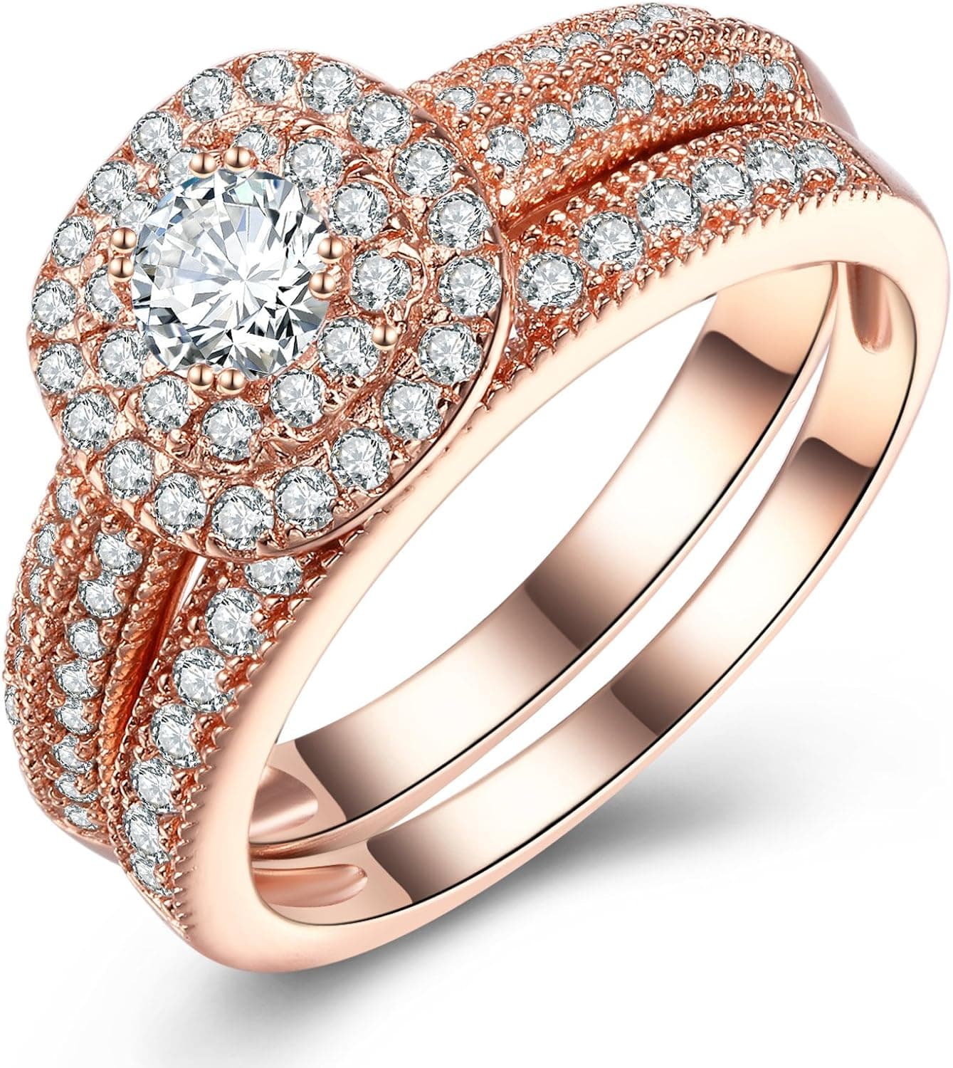Vibrille Sterling Silver and Rose Gold Tone Vintage Multi-Row Engagement Wedding Band Ring Sets for Women