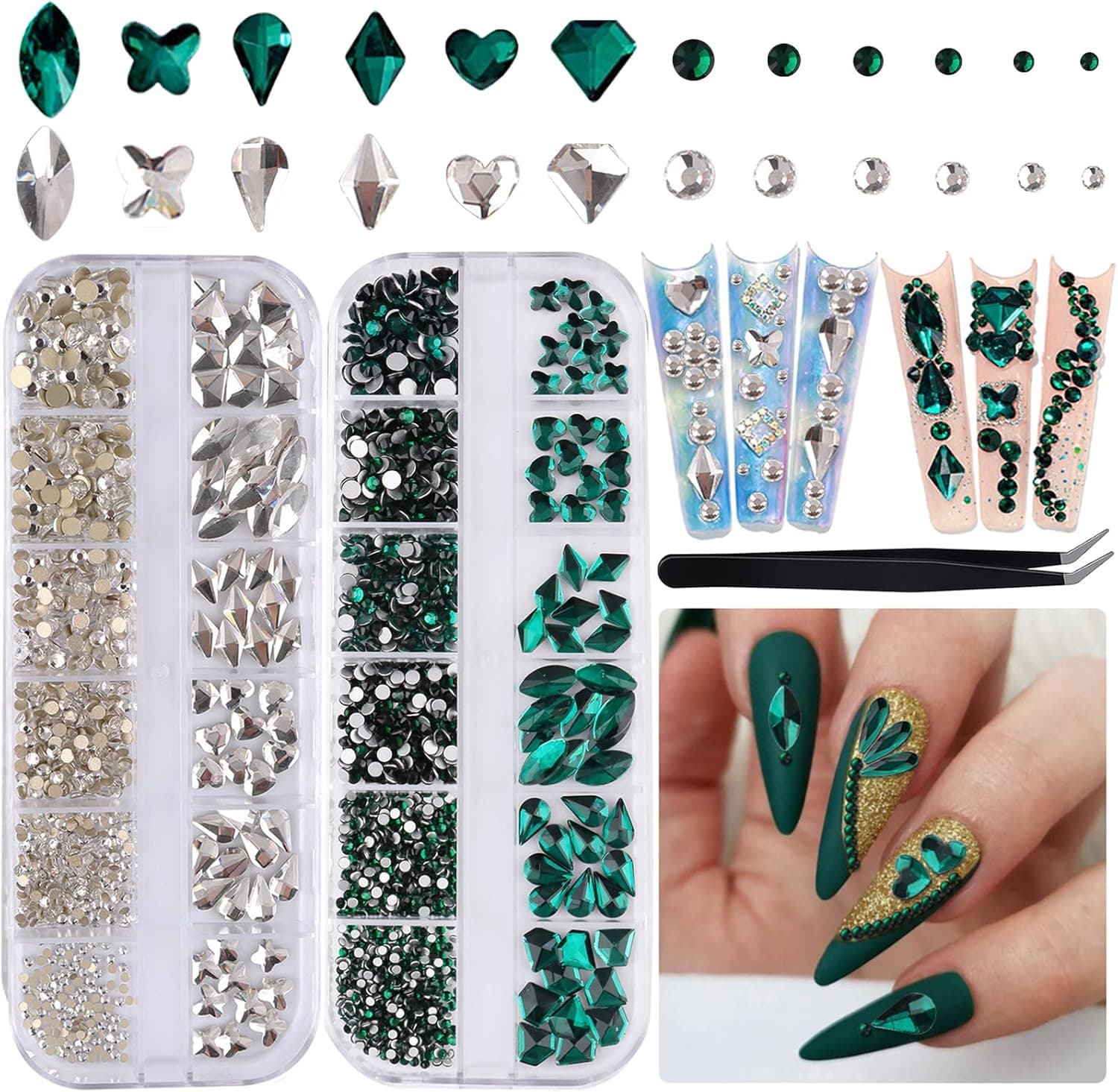 EBANKU White Green Nail Gems Rhinestones Silver Emerald Nail Diamonds Mixed Shape Flat Back Crystals for Nails with Tweezers for St. Patrick's Day Nail Craft