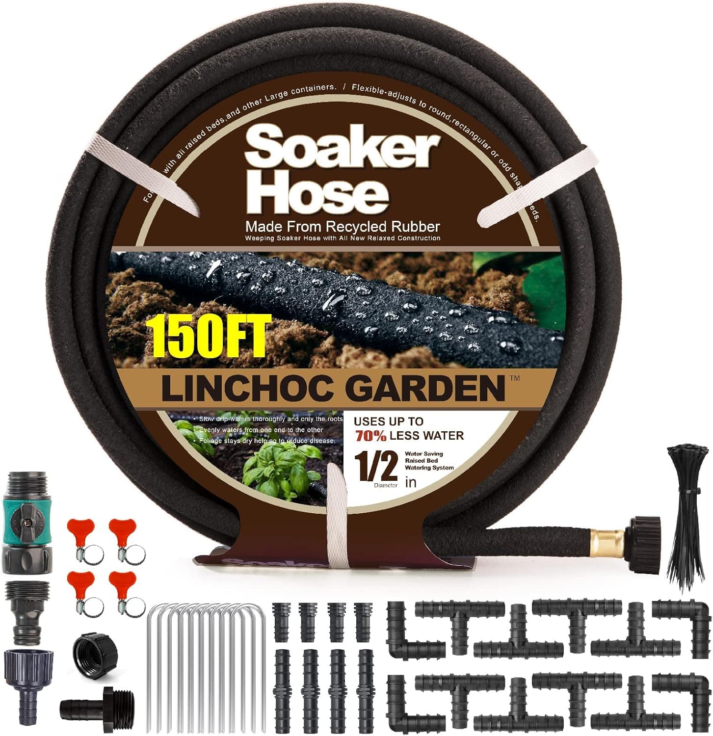 Soaker Hose 150 FT,Heavy Duty 1/2 inch Rubber Soaker Hoses for Garden Beds Save 70% of Water Drip Irrigation Kit with Connector Set for Lawn&yard,Landscaping