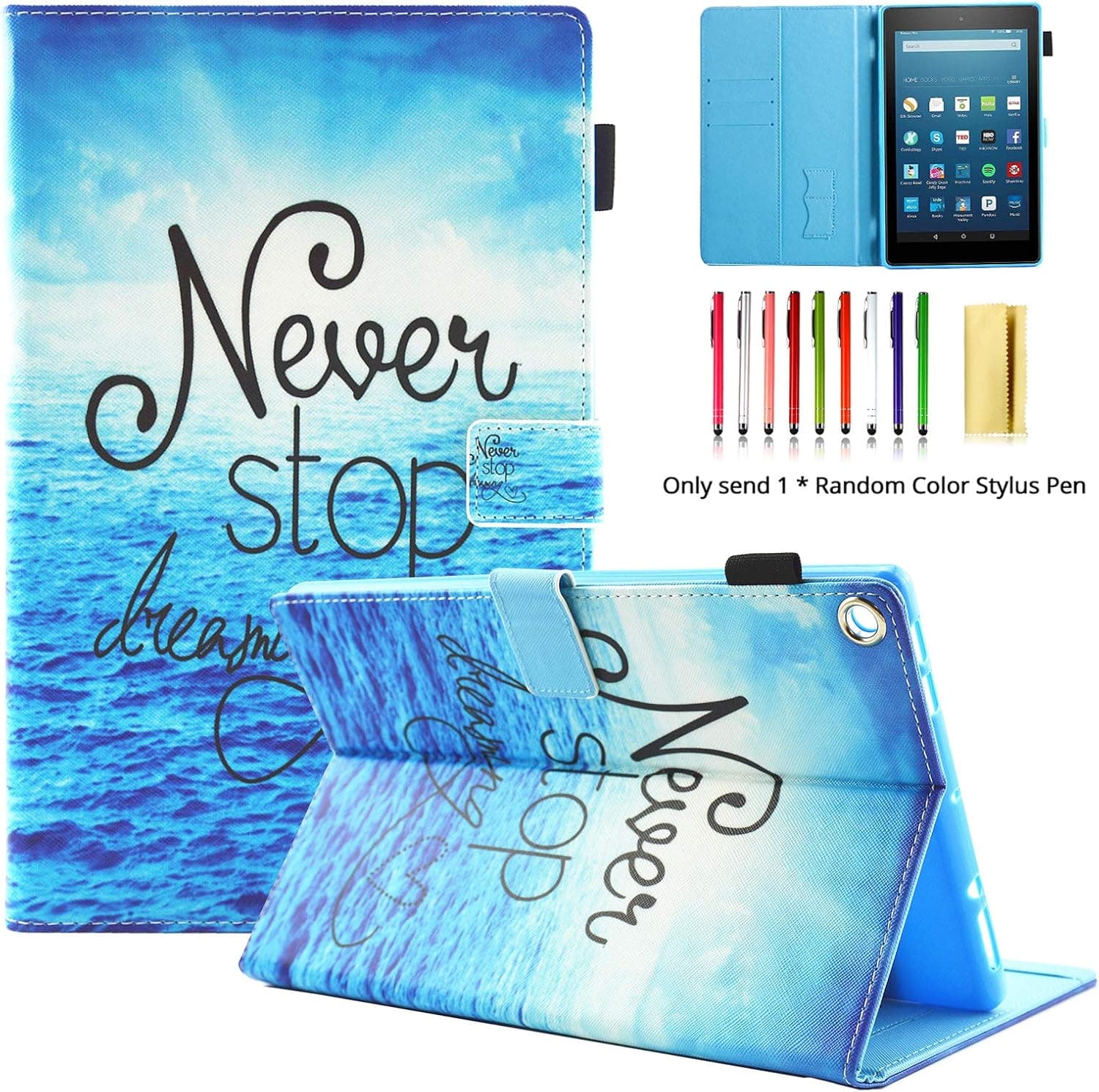 LittleMax(TM),PU Leather Case Flip Stand Protective Auto Wake/Sleep Cover for Amazon Kindle Fire HD 8 7th Gen & 6th Gen with Free Stylus - 05 Never Stop Beach