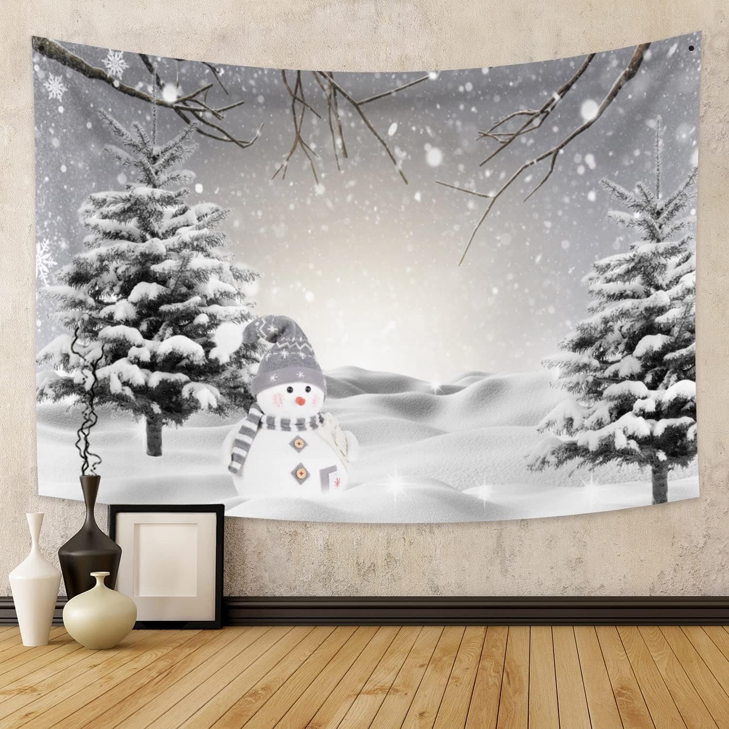Arrebolart Winter Snow Forest Tapestry Wall Hanging Cute Snowman Tapestry Merry Christmas Tapestry Wall Art for Teen Kids Living Room Bedroom Home Hippie Party Decor, 60x40 Inches