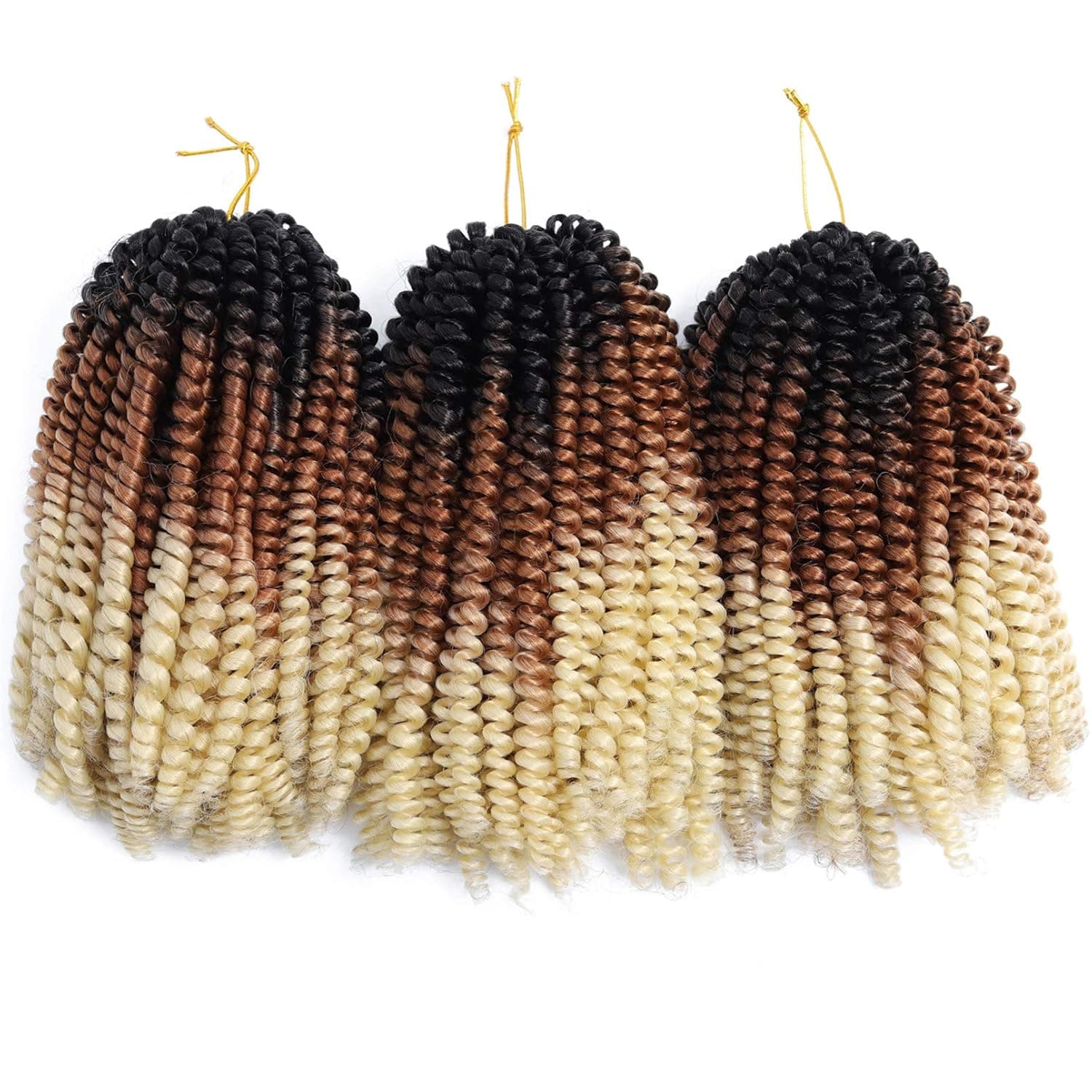 Spring Twist Hair 3PCS Crochet Braids 8" 30 Strands Jamaican Low Temperature Synthetic Spring Curl Braiding Hair (8 inch, Black/Brown/Blonde)