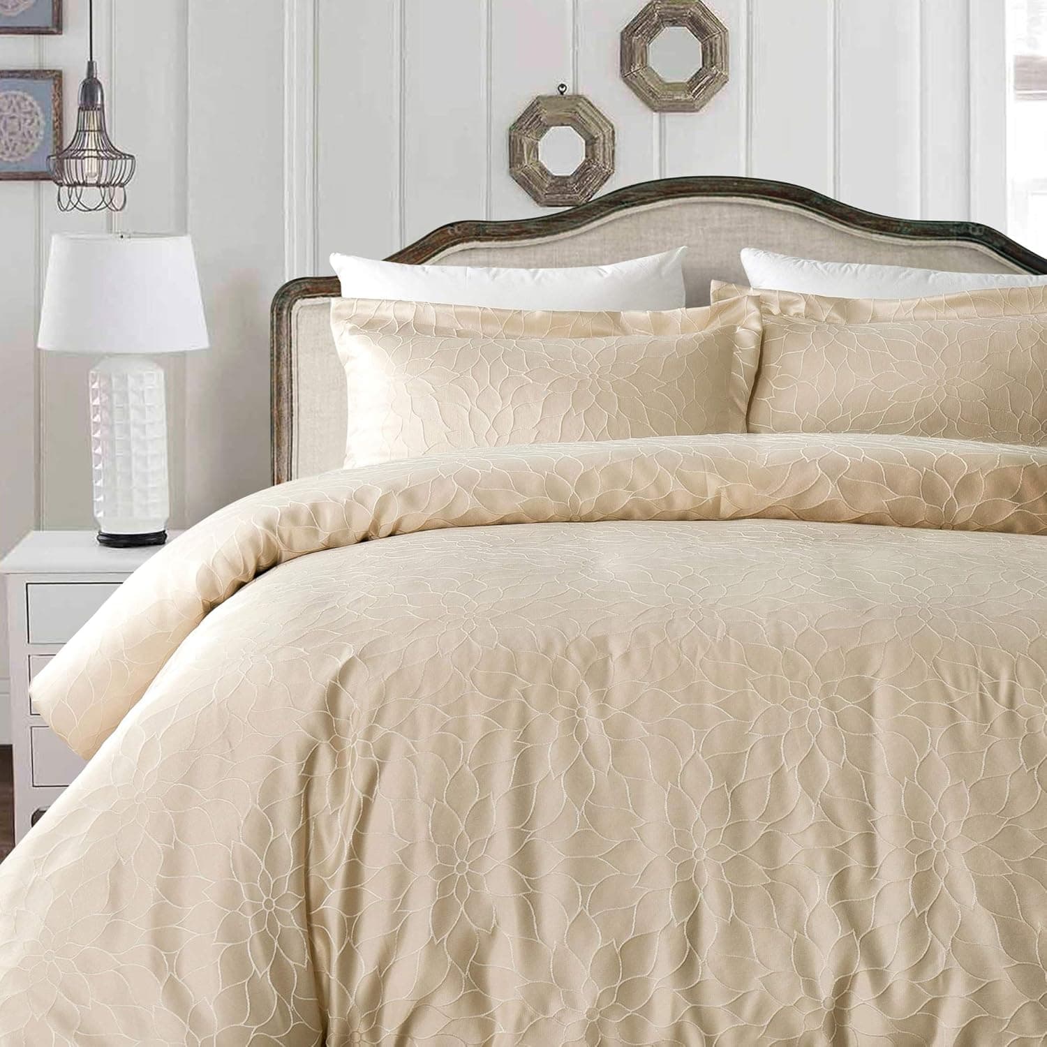 California Design Den Duvet Cover Full/Queen Set - Smooth Microfiber Comforter Cover and Two Pillow Cases, Textured Flower Beige 3 Piece Set, with Zipper Closure and Corner Ties