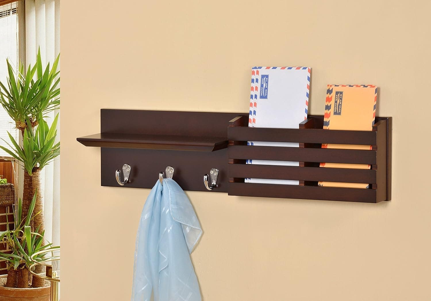 CeqCin Cappuccino Finish Entryway Coat Rack Mail Envelope Storage and Key Holder Hooks 24" Wide