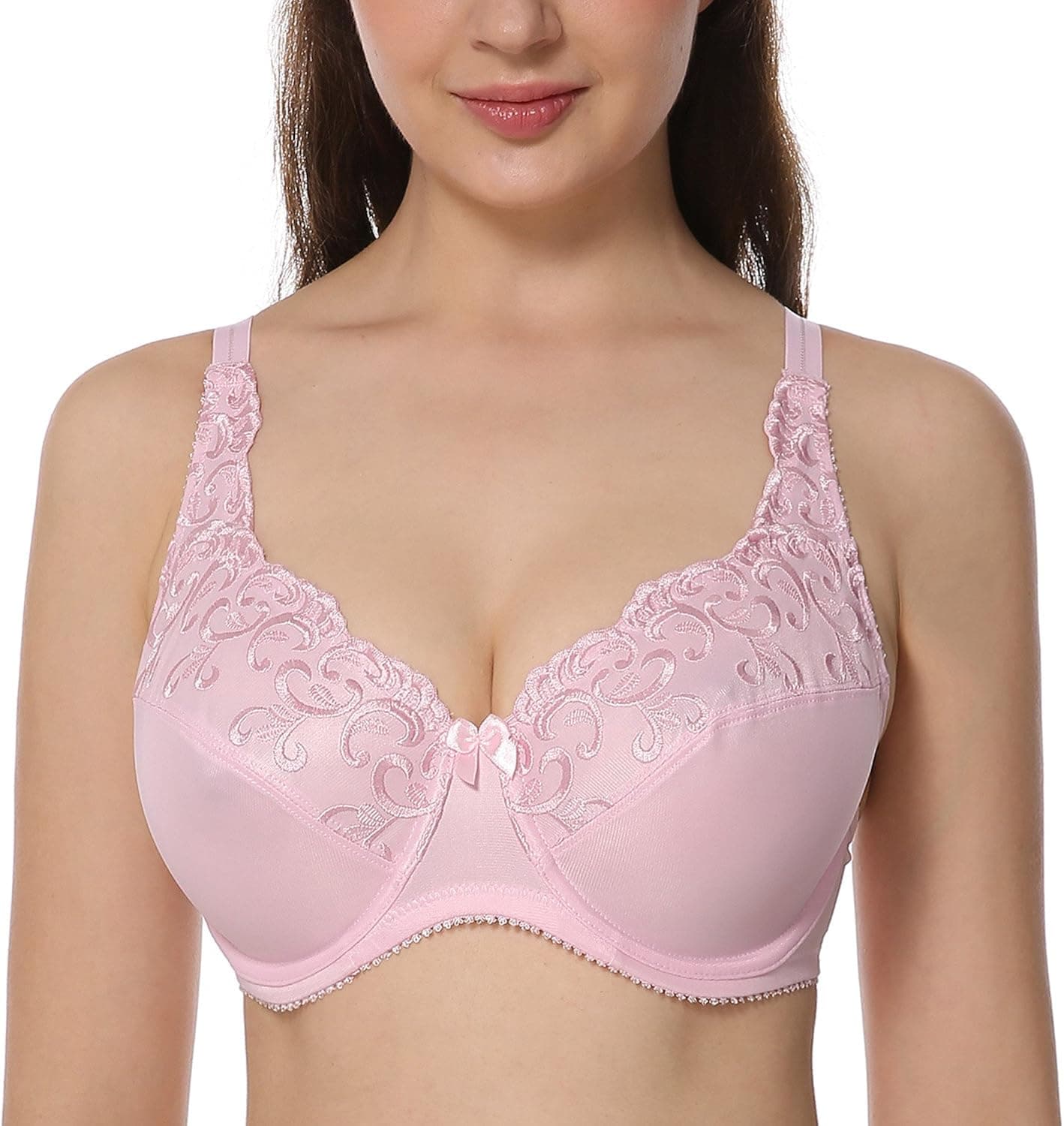 DELIMIRA Women's Full Coverage Underwire Floral Embroidered Minimizer Bra Pink 36F
