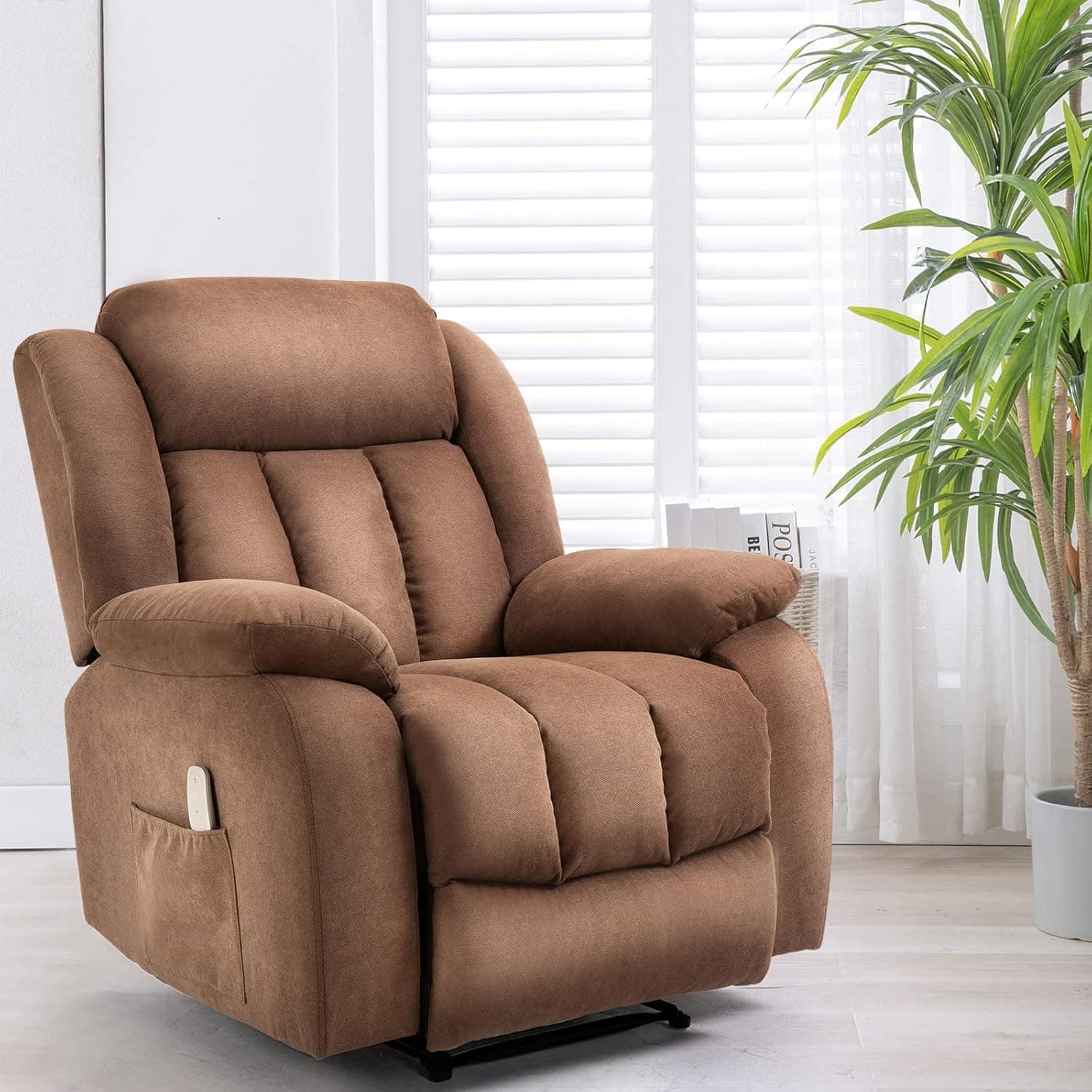 AVAWING Recliner Chair, Massage Recliner Chair Linen Fabric Recliner Chair Reclining Chair with Heat and Vibration Function, Side Pockets Recliners for Home Theater, Living Room, Chocolate…