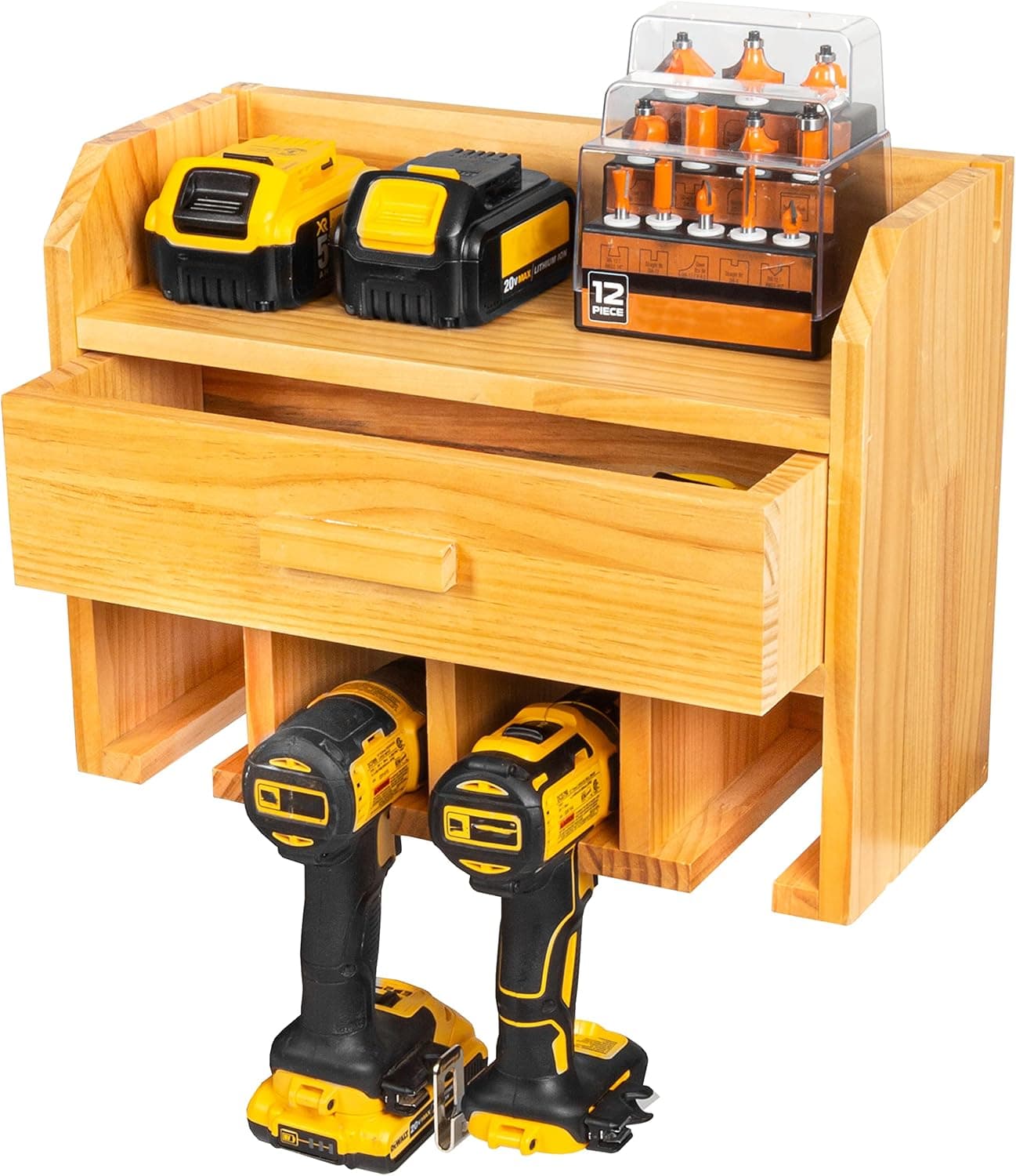Iron Forge Tools Power Tool Organizer for Garage - Fully Assembled Wood Tool Chest and 4 Drill Charging Station with Tool Drawer - Great Workshop Organization and Storage Gift for Men