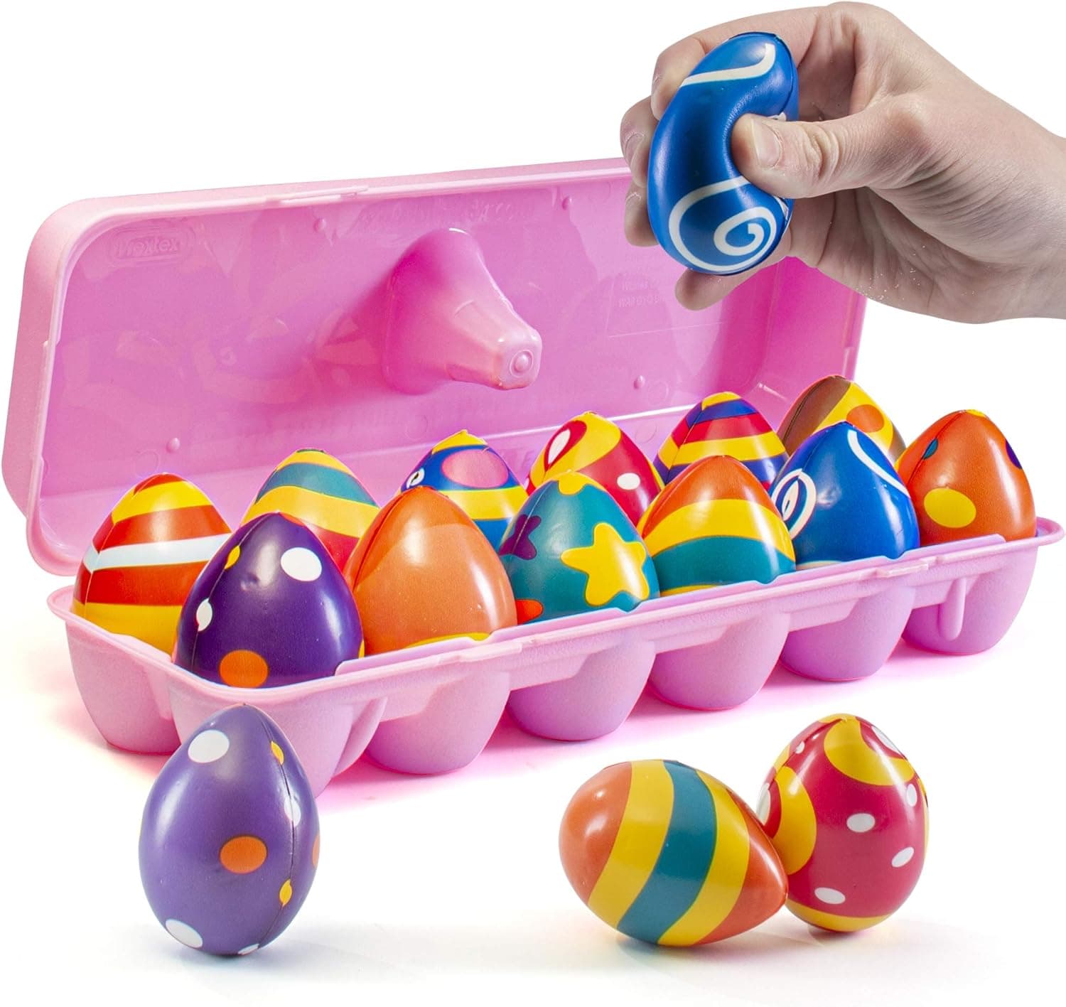 PREXTEX 12 Squishy Easter Eggs for Easter Hunts and Party Favor in Plastic Pink Egg Basket – Great Easter Gift Set and Basket Stuffer Squishy Toys, Sensory Toy, Stress Relief Toy, Squishy Stress Ball