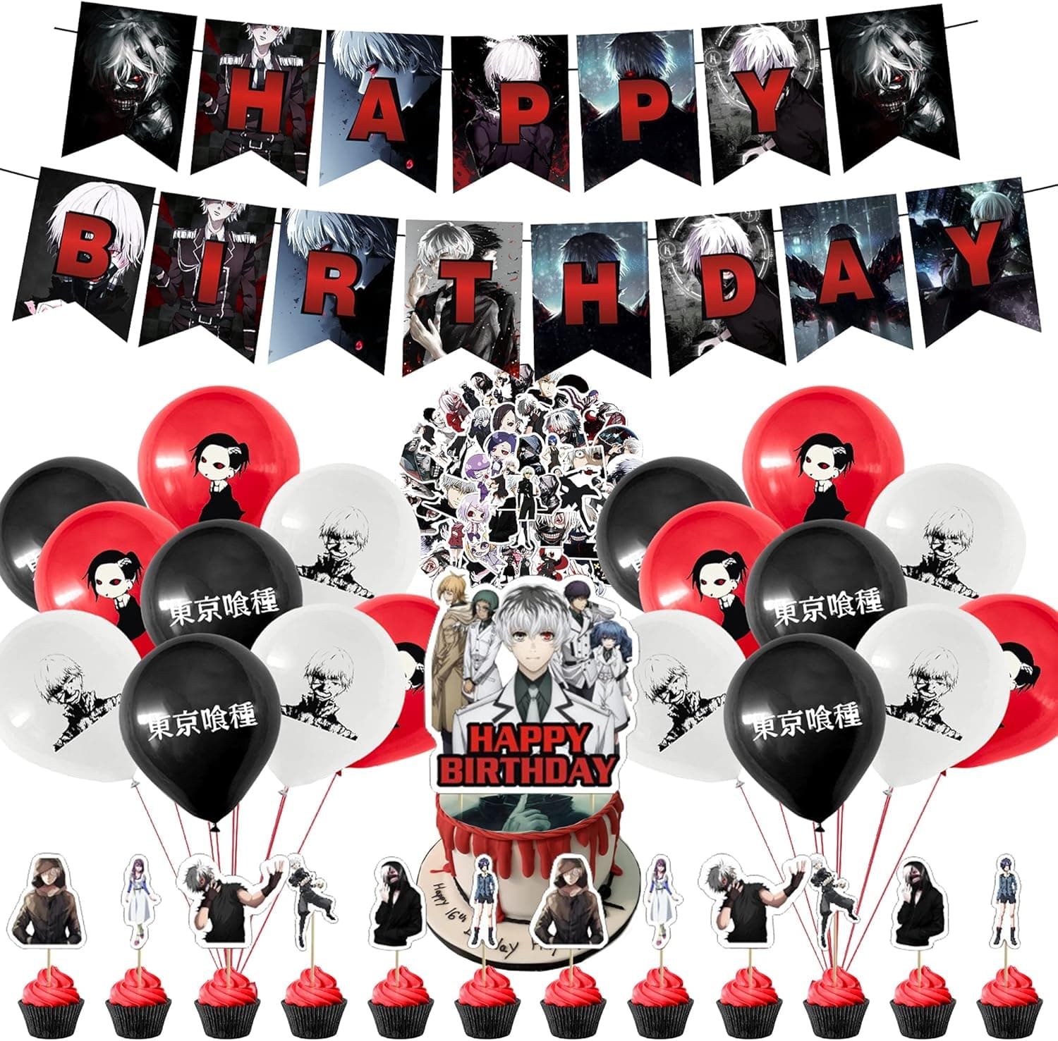 82 Pcs Tokyo Ghoul Theme Birthday Party Decorations,Party Supply Set for Kids with 1 Happy Birthday Banner Garland , 13 Cupcake Toppers,50 Stickers ,18 Balloons for Party Decorations