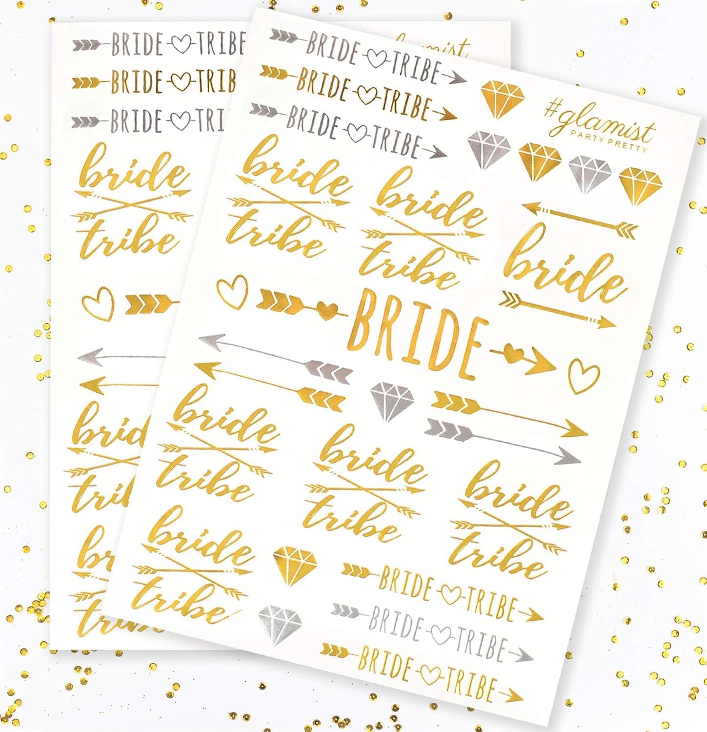 #glamist Bachelorette Party Tattoos | Bride Tribe, Maid of Honor + 52 Pieces (2 Sheets) | Bridal Shower Favor and Decorations | Gold & Platinum