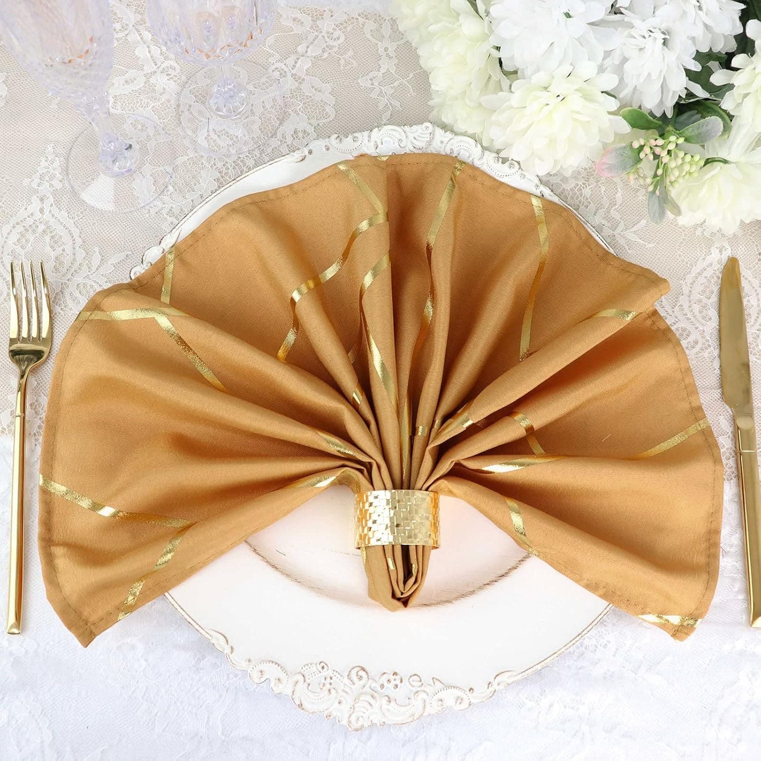 Efavormart 5 Pack | 20"x20" Modern Gold Polyester Linen Dinner Napkins with Gold Foil Geometric Pattern