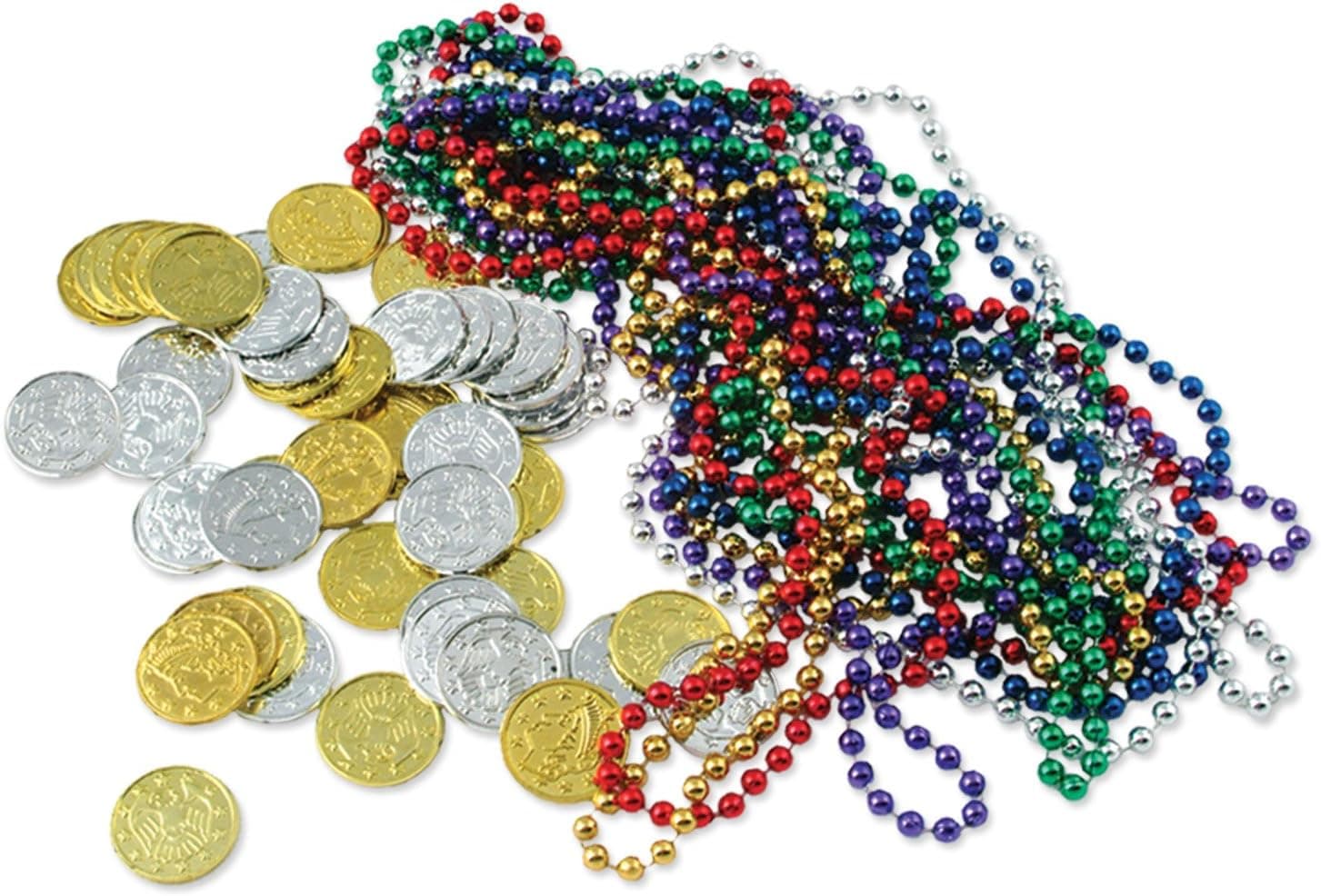 Treasure Loot Includes: 12 - Asstd Color Party Beads, (50 - Asstd GD & S Plastic Coins) Party Accessory (1 count) (