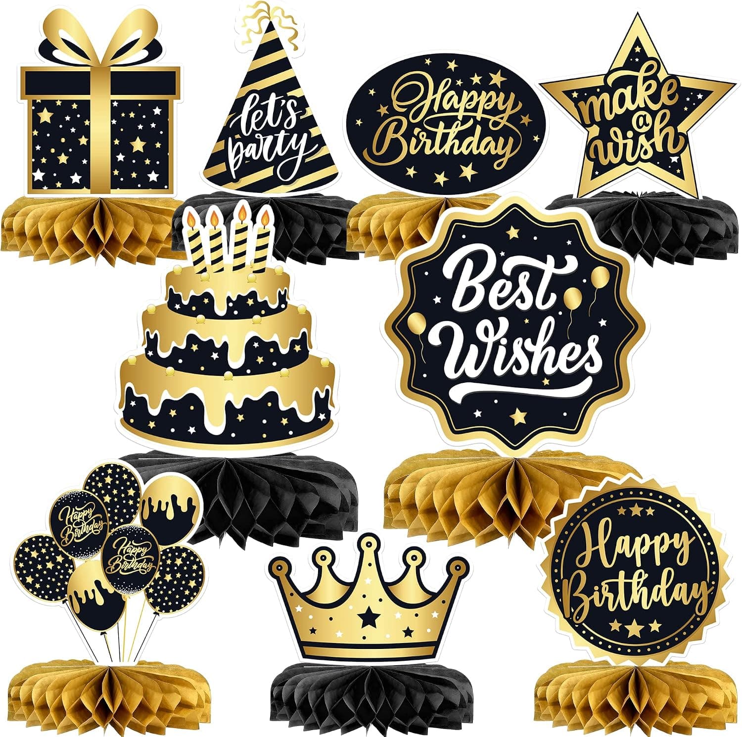 Huge, Happy Birthday Centerpieces for Tables - Pack of 9 | Happy Birthday Table Decorations | Black and Gold Birthday Decorations for Men | Birthday Honeycomb Centerpieces Black and Gold for Tables