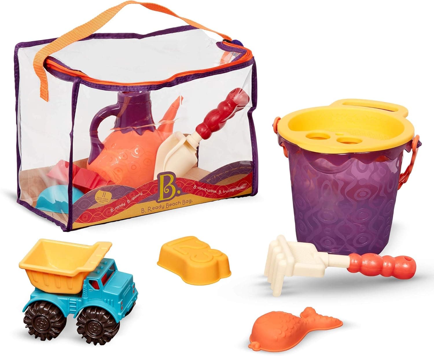 B. toys – B. Ready Beach Bag – Beach Tote with Mesh Panel and 11 Funky Sand Toys – Phthalates and BPA Free – 18 m+, Purple Bucket