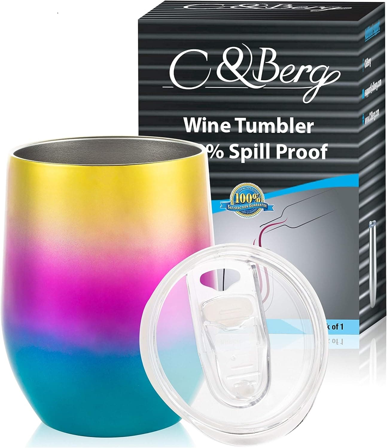 12 oz 1 Rainbow Stainless Steel Wine Tumbler - Double Wall Vacuum Insulated Unbreakable Thermos w/Spill-proof Lid - For Wine Beer Coffee Cocktail - Travel-Friendly Mug