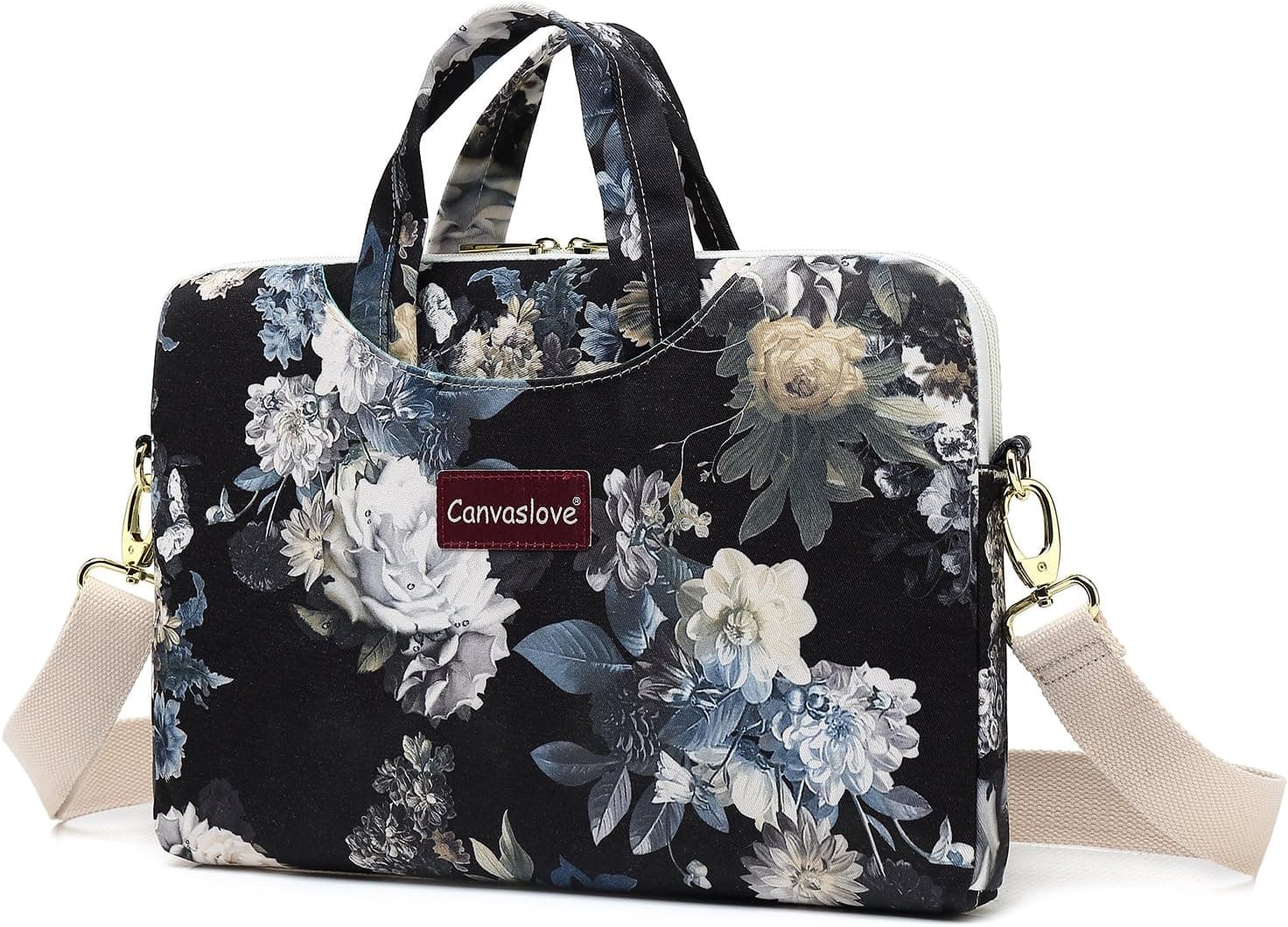 Canvaslove White Flower Pattern Water Resistant Laptop Shoulder Messenger Bag for MacBook Pro 15 inch,MacBook 16 inch and 14 inch,15.4 inch,15.6 inch Laptop