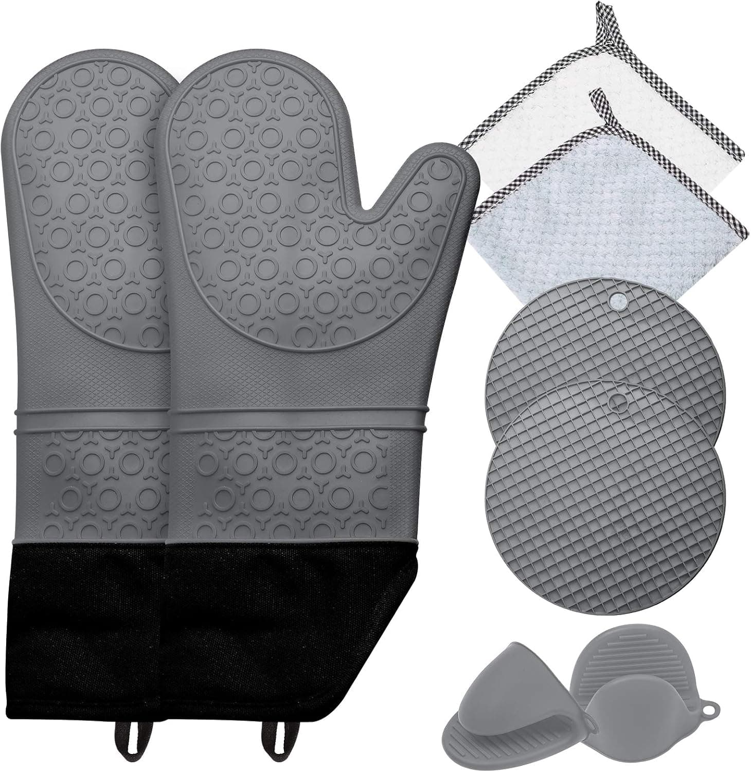 HEYHIPPO 15 Inch Silicone Oven Mitts and Pot Holders, 8-Piece Set, Heat Resistant Oven Gloves with Mini Oven Gloves Hot Pads Potholders Dish Towels for Kitchen Baking Cooking Grilling (Light Gray)