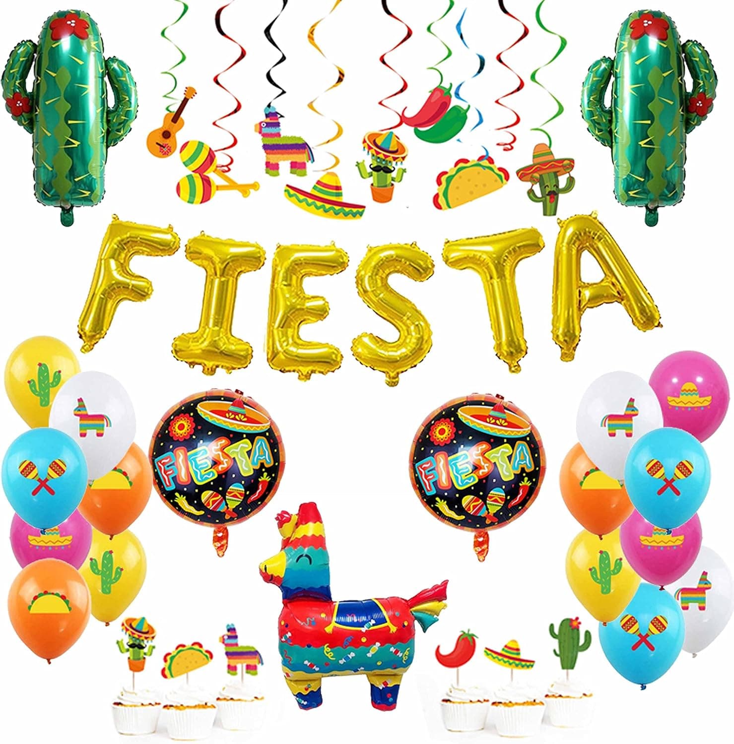 TUWUNA Fiesta Party Decorations,Mexico Llama and Cactus Foil Balloons and Latex Balloons,Mexican Themed Hanging Swirls Streamers Cake Topper for Mexican Party Decorations Birthday Party Supplies