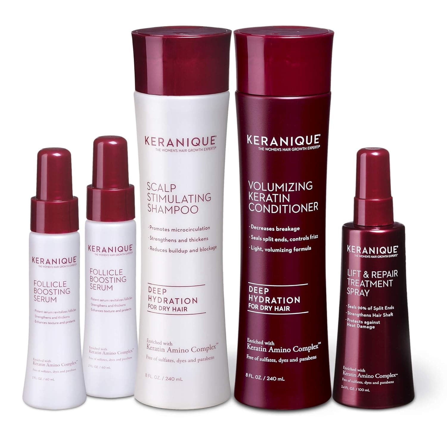 Keranique Deep Hydrating Thicker, Fuller Hair Kit – 60 Days | Keratin Complex, Free of Sulfates, Dyes and Parabens | Shampoo & Conditioner, 2 x Follicle Boosting Serum, Lift and Repair Treatment Spray