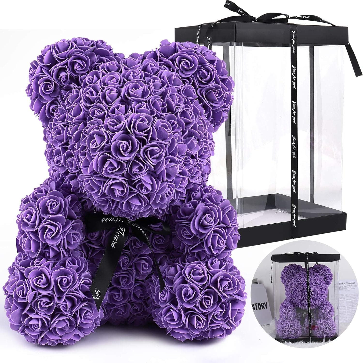RECUTMS Artificial Rose Bear Flowers Rose Teddy Bear 10 inch Wedding Party Decoration Gift Box for Valentines Day Mothers Day Anniversary Birthday Present (Purple)