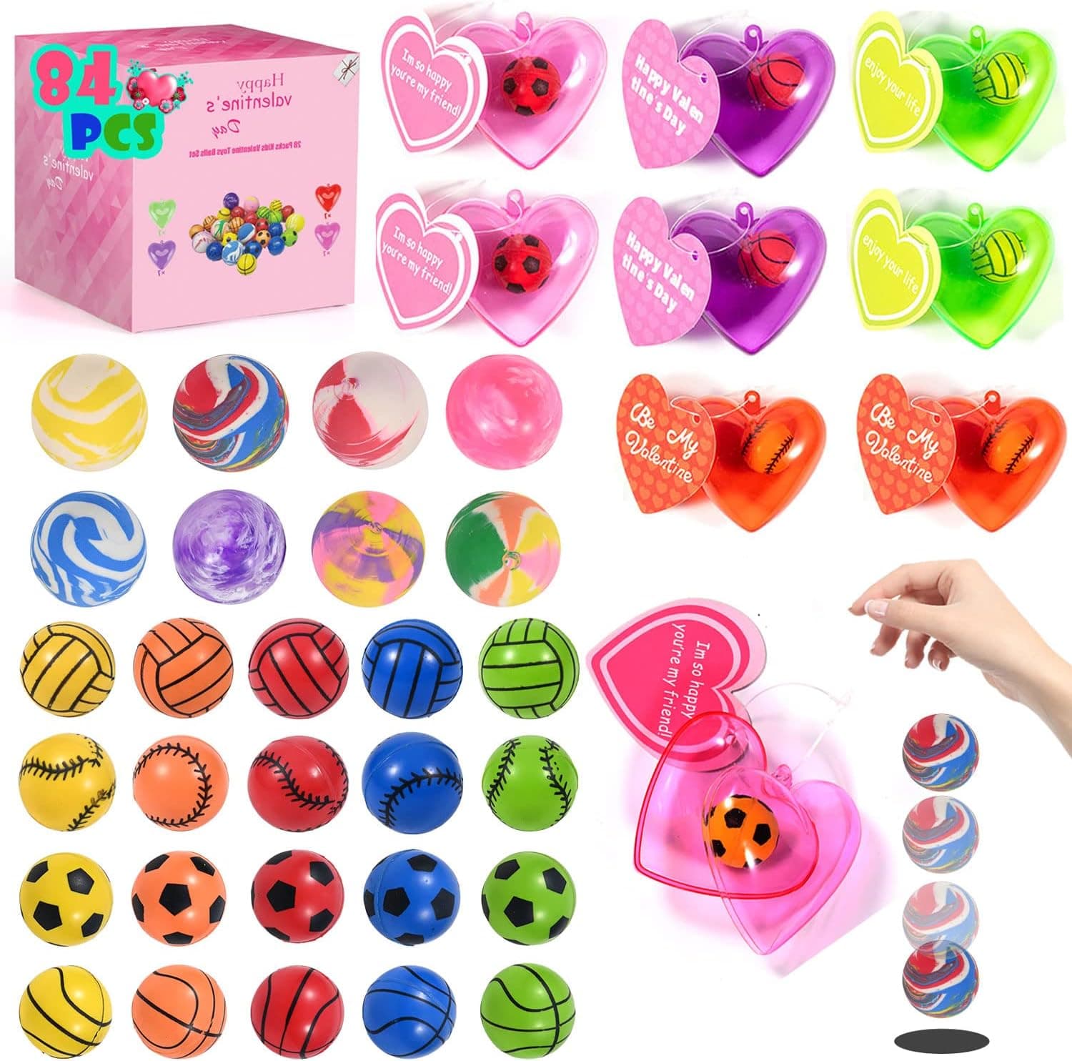 28 Packs Kids Valentine Party Favors Set with Multicolor Bouncy Balls Sports Balls Filled Hearts and Valentine Cards in 4 colors for Kids Valentine Classroom Gift Exchange, Game Prizes, Carnivals Gift