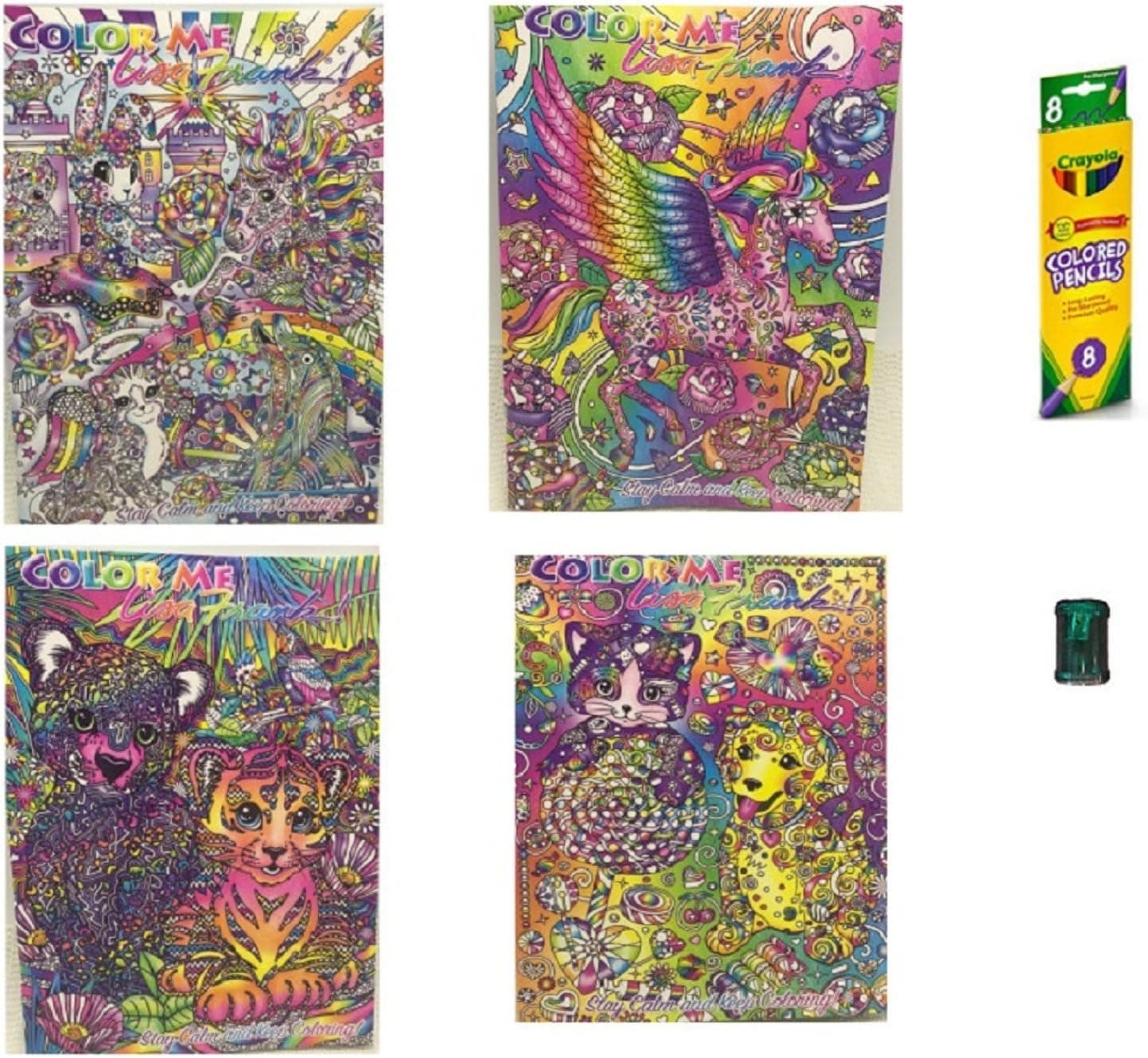 Lisa Frank 4 Adult Color Me Coloring Books, Coloring Pencils, Sharpener Bundle of 6 Items