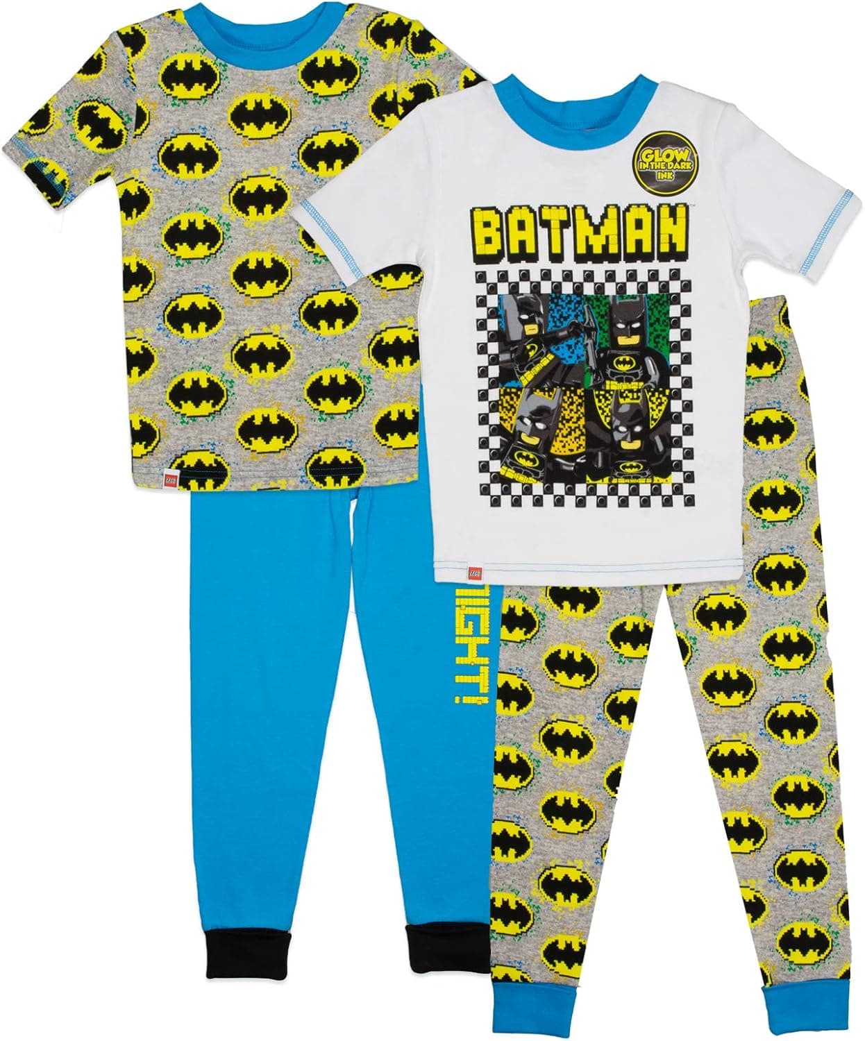 LEGO Batman Pajama 4 Piece Set Glow in The Dark Batman Print Pajama for Boys Sizes 4-10