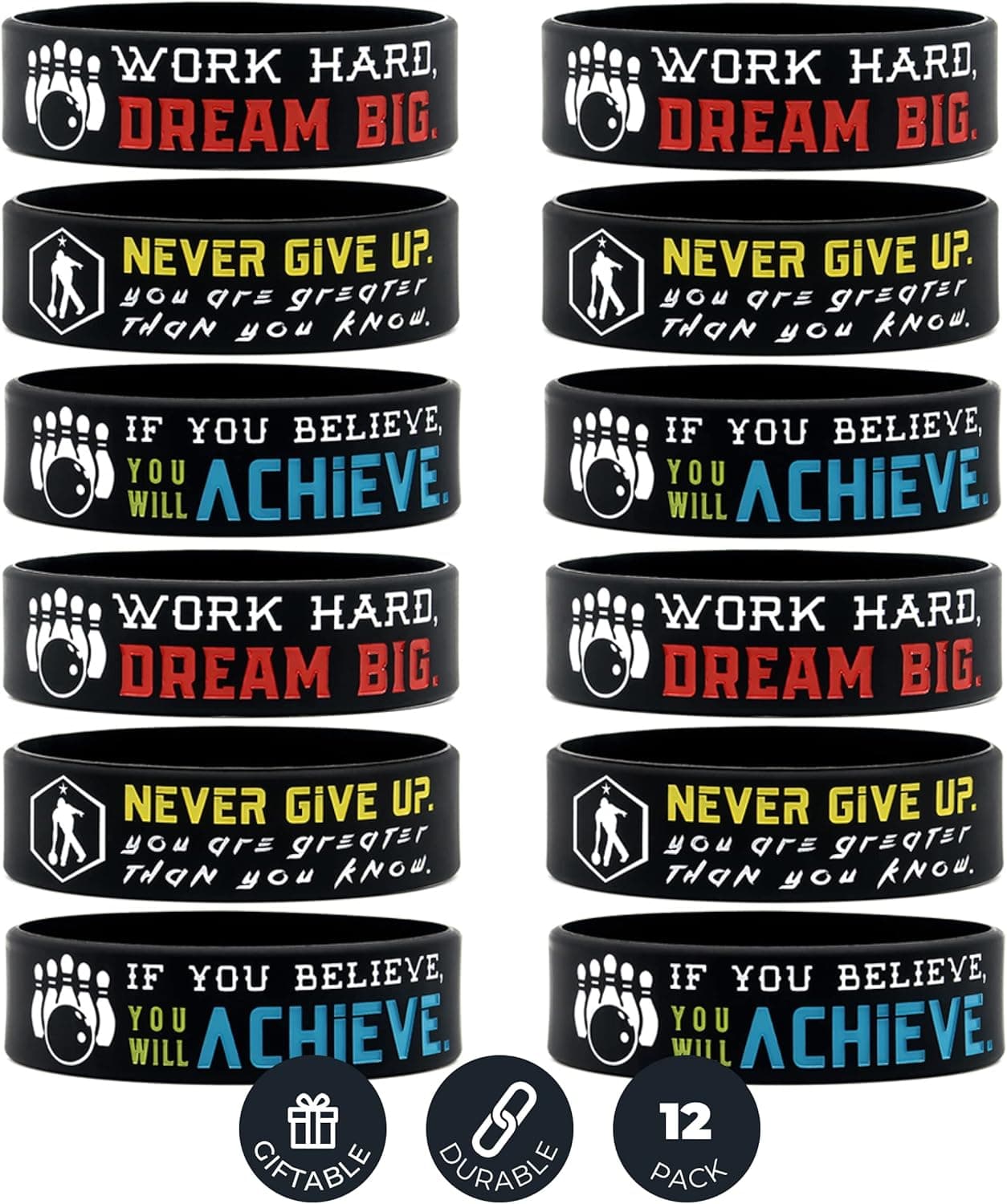 Inkstone Bowling Wristbands | (12 Pack) Sports Inspirational Quotes Never Give Up, You Are Greater Than You Know | Flexible | Gifts For Your Team, Friends, And Family