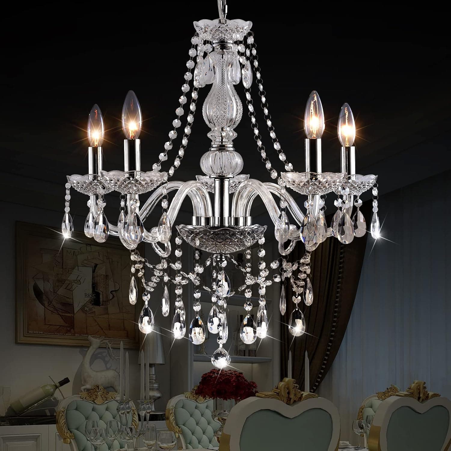 HimmLig Raindrop Crystals Chandelier Modern K9 Crystal Small Glass Lamp Light Fixture Flush Mount Ceiling 5-Light for Kitchen Island Bathroom Bedroom Living Room