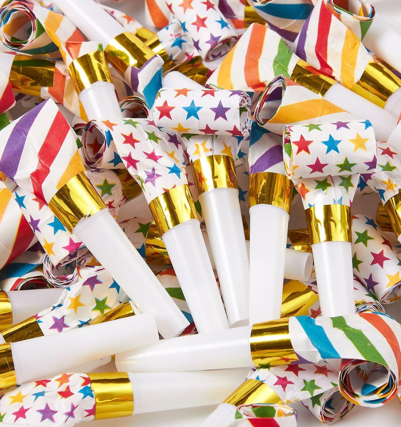 100-Pack Party Blowers in 2 Colorful Designs - Plastic Blow Out Noisemakers, Party Horns for Birthdays, New Year, and Other Celebrations - 3.3 x 1 x 1.1 Inches