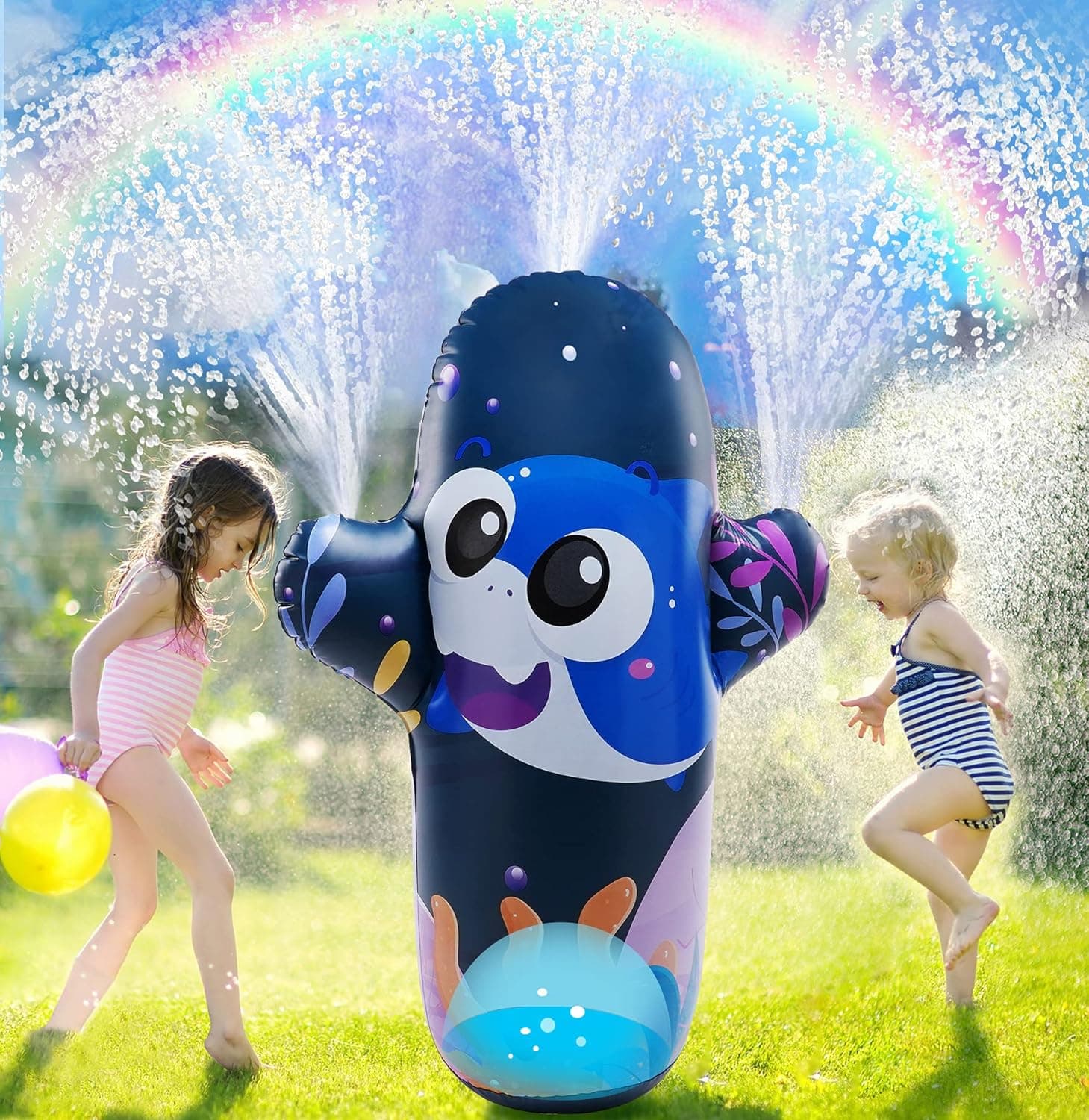 BIBIEN Shark Water Sprinkler for Kids Inflatable Splash Tumbler Summer Outdoor Play Game Water Sprinkler Spray Toy for Backyard & Sprays Up to 10.5 Feet High & 16.4 Feet Wide Ideal Gift for Kids