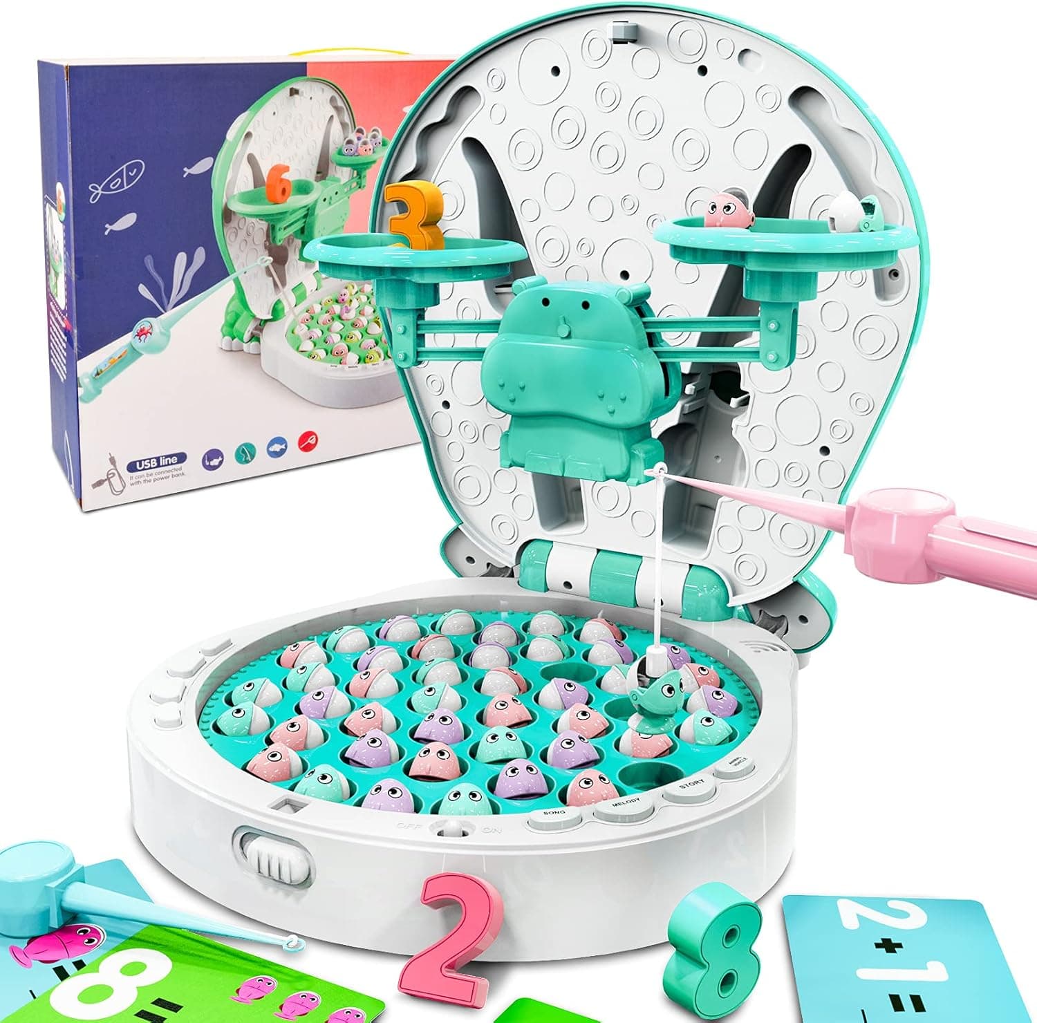 HOMETTER Toddler Fishing Board Games for Kids 4-6, Magnetic Fishing Game Balance Counting Toys Set with Rotating Board, Preschool Educational Learning Toys with Music, Story, Vehicle & Animal Sounds