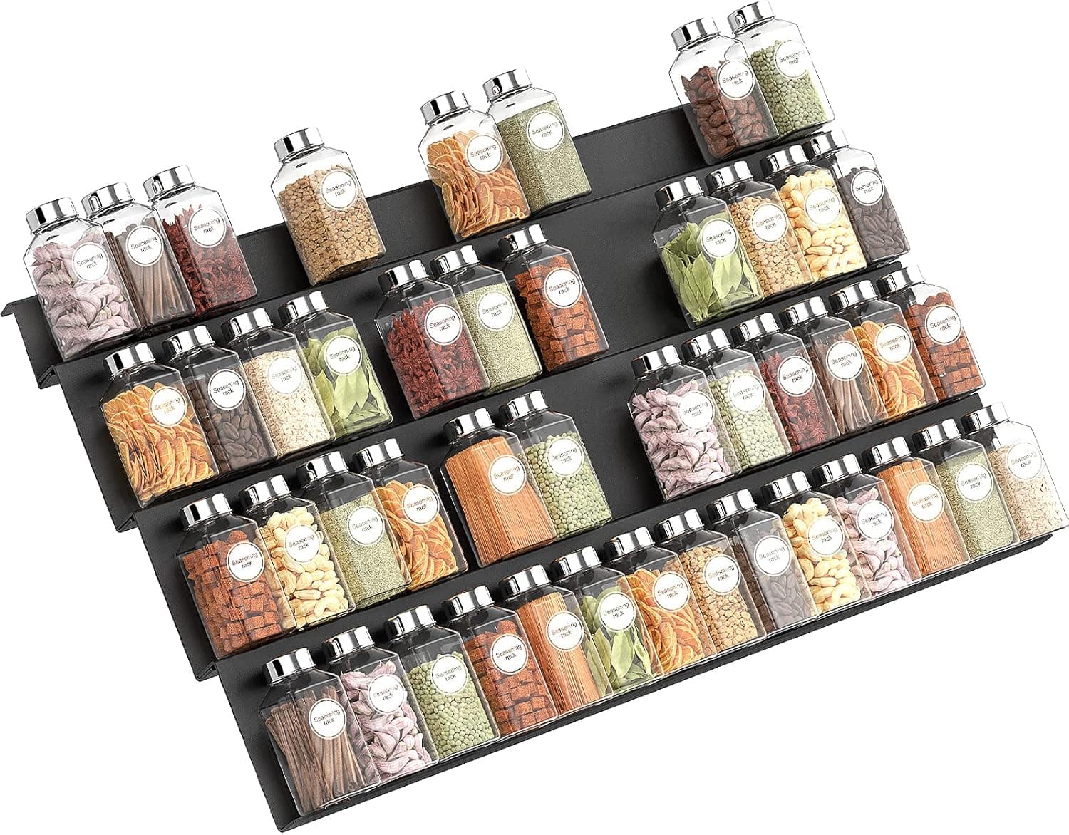 Grarry Acrylic Spice Rack Tray Insert 4 Tier Spice Drawer Organizer for Kitchen Cabinets, Large - 4 Slanted Tiers ​for Garlic, Salt, Pepper Spice Jars, Seasonings, Vitamins, Supplements 2 Pack Black
