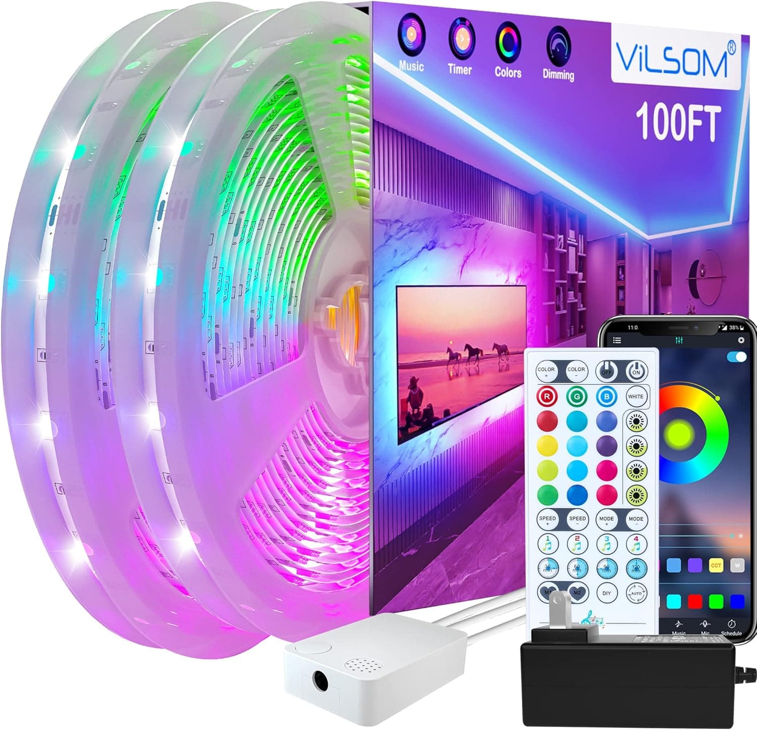 ViLSOM 100ft LED Strip Lights, Ultra Long Music Sync Timing LED Lights for Bedroom, Kitchen, Bar, Ceiling, Dorm Room Decor with APP and Remote Control, RGB Color Changing LED Light Strips