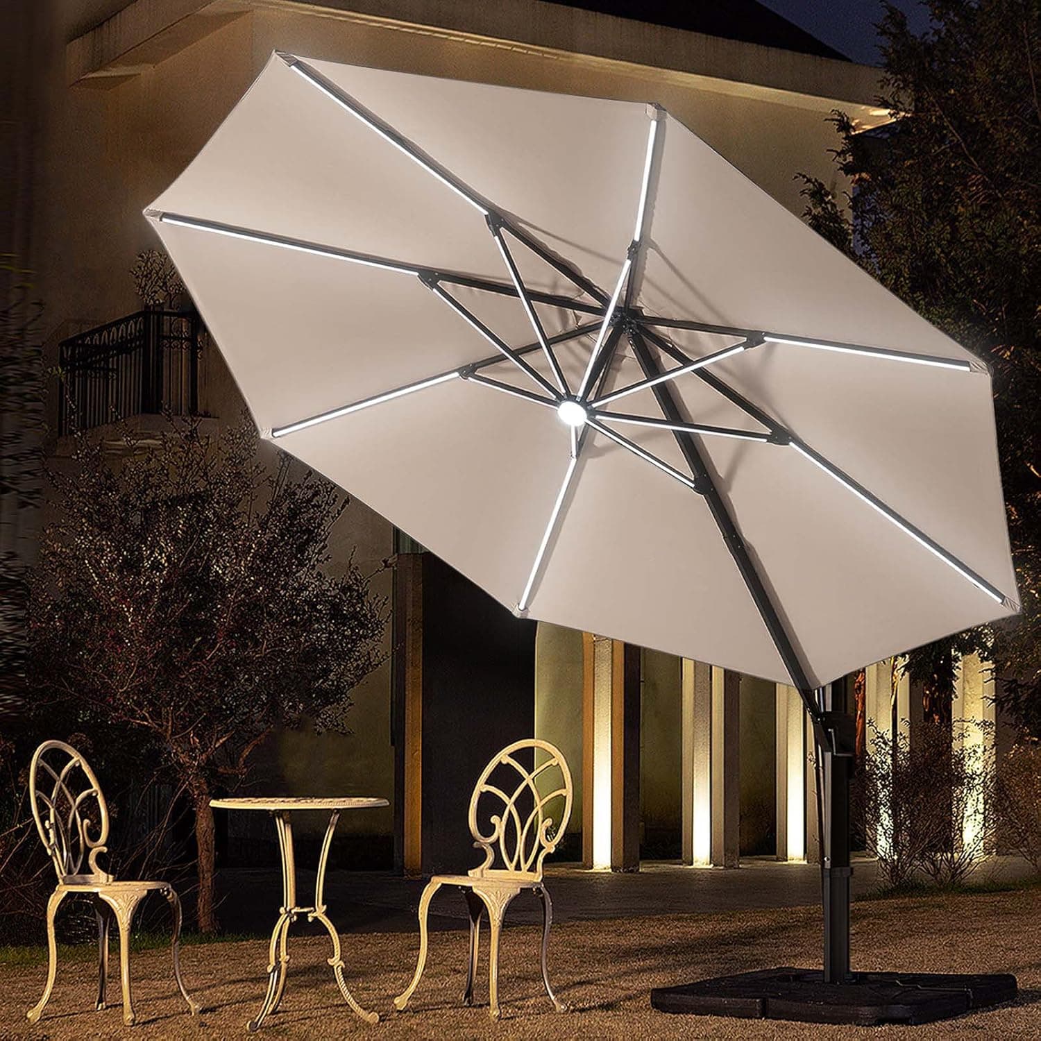 BLUU SEQUOIA 12 FT Solar Cantilever Umbrella LED Aluminum Offset Umbrella with 15 Strip Lights and Center light, Recycled Fabric 36 Month Fade Resistance, 360° Rotation & Cross Base (Beige)
