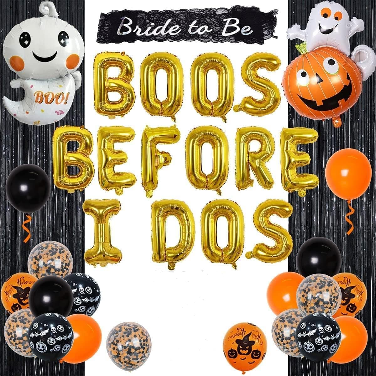 Halloween Bachelorette Party Decorations - Boos Before I Dos Balloon Banner, Bride To be Sash, Pumpkin, Diamond, Ghost Foil Balloons Tinsel Curtain for Bridal Shower Supplies