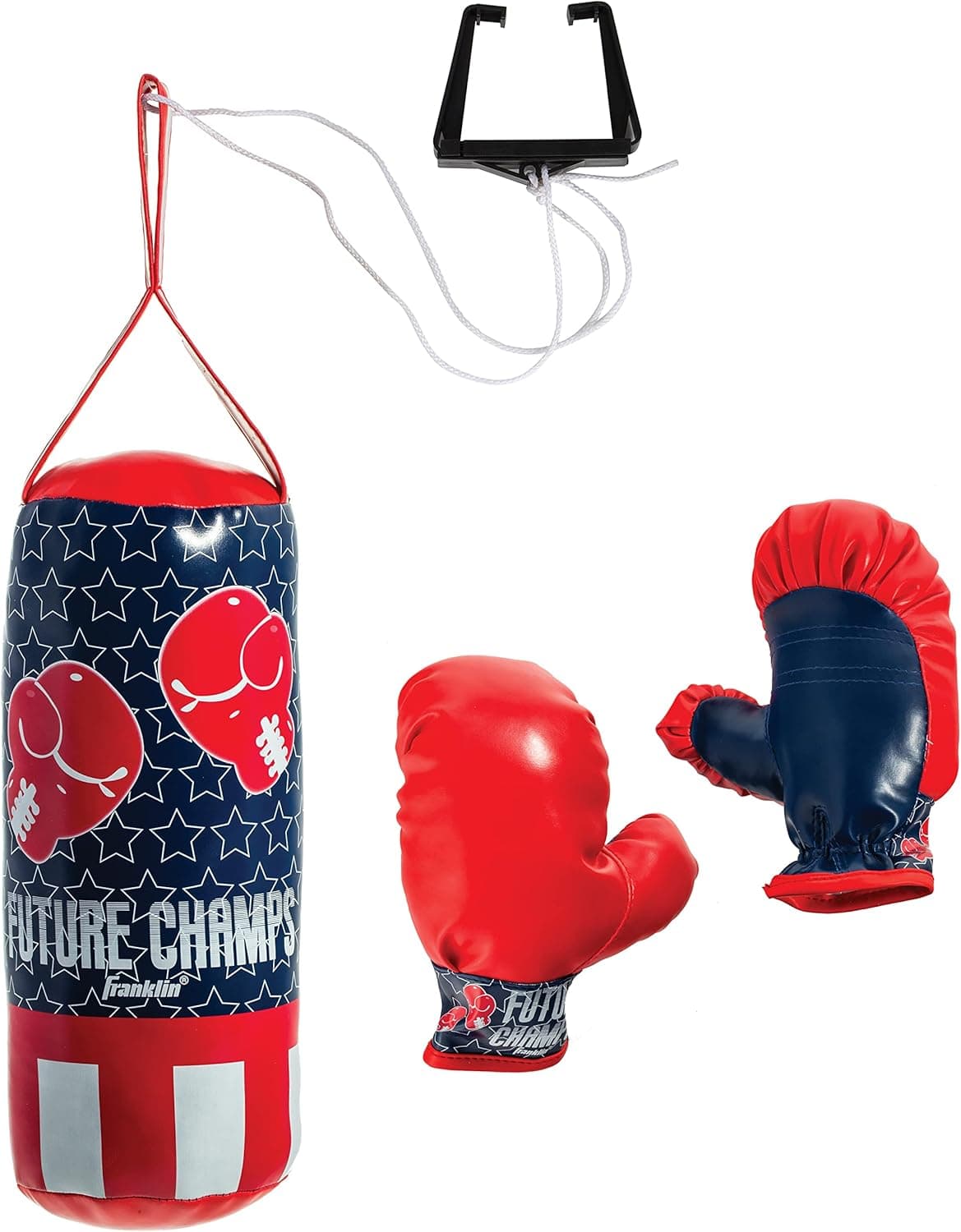 Franklin Sports Future Champs Kids’ Mini Boxing Set – Includes Kids’ Boxing Gloves – Punching Bag & Door Jam Bracket with Rope for Adjustable Punching Bag 4.75 x 4.75 x 12