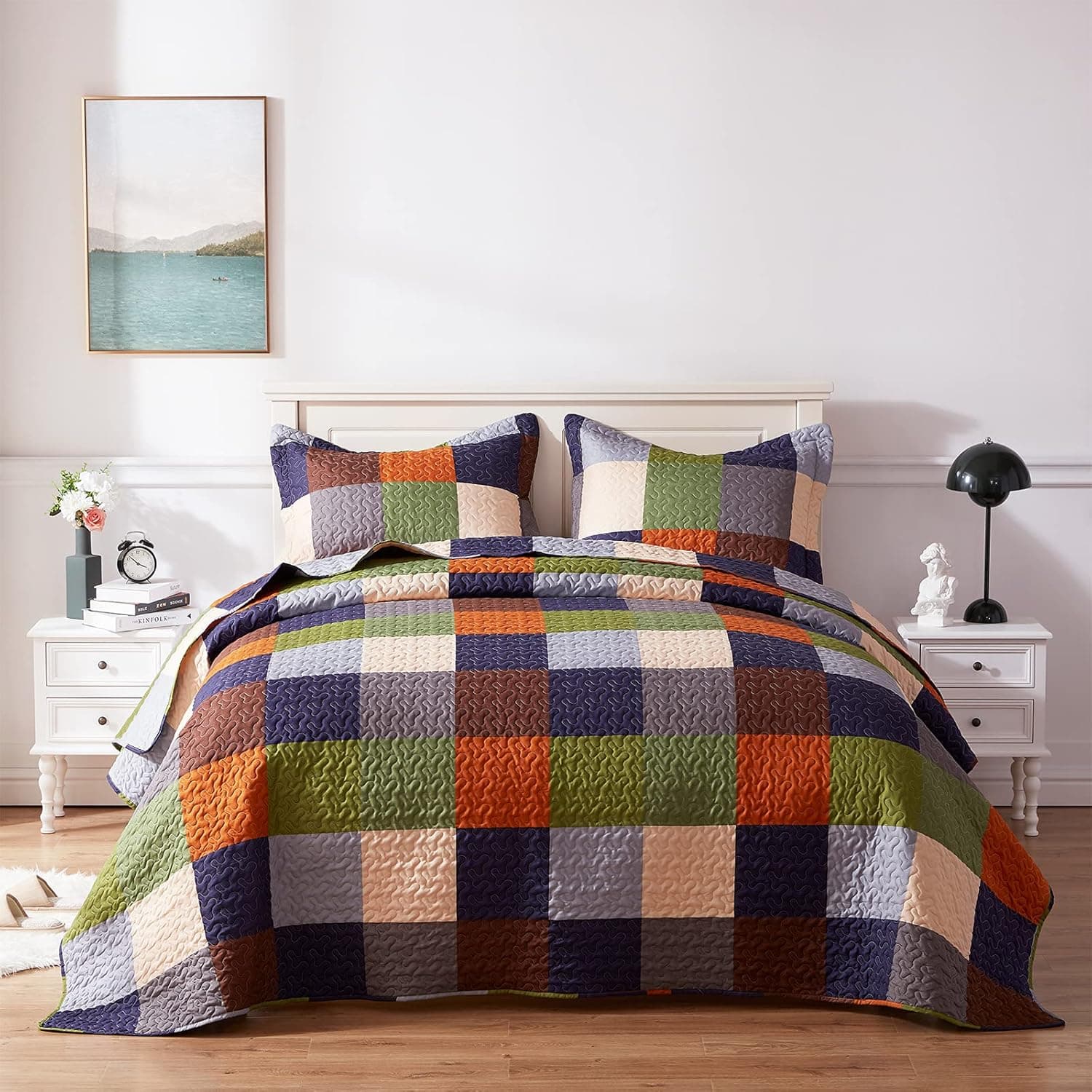SunStyle Home Quilt Set King Size, Lightweight Microfiber Soft Coverlet Reversible Quilted Pattern Summer Quilt Bedspreads Comforter Set for All Season, 3 Piece Includes 1 Quilt + 2 Shams