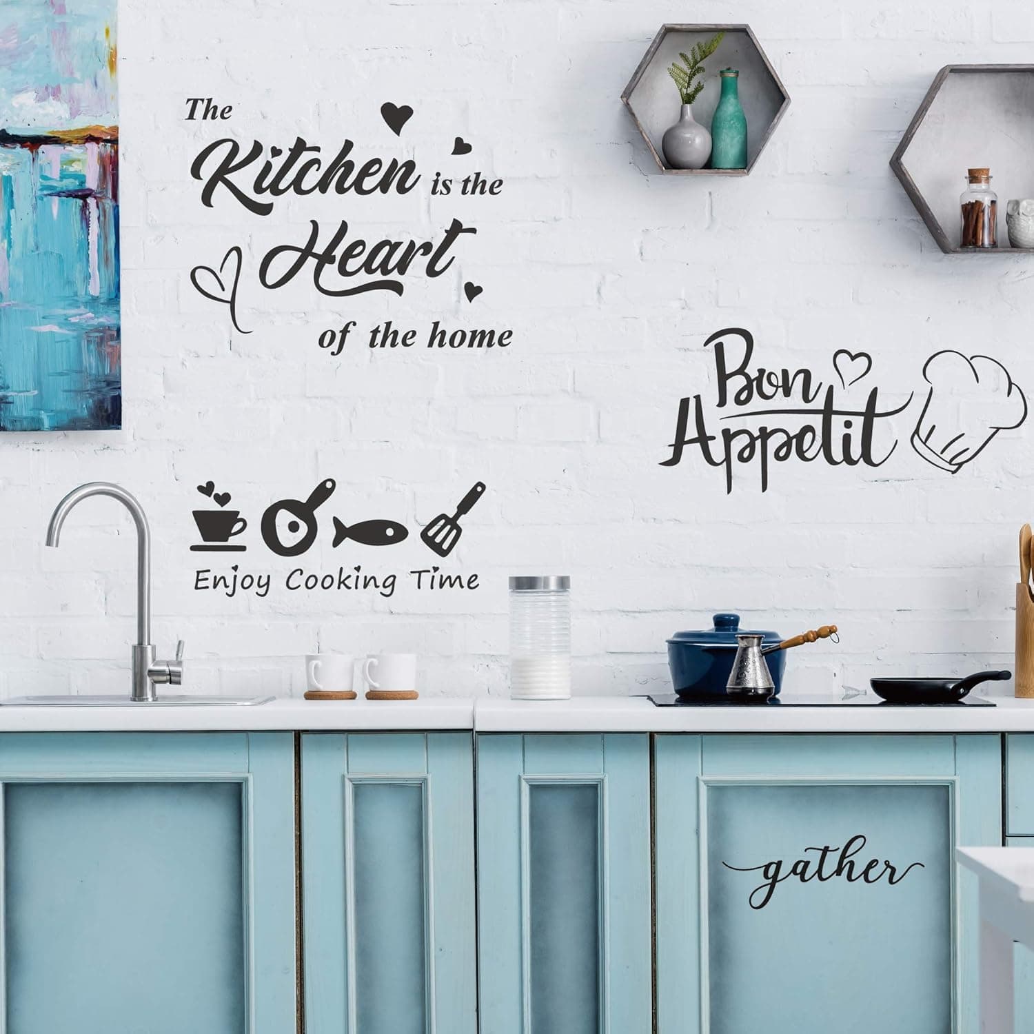 GULIGULI 4 Set-Bon Appetit-Enjoy Cooking Time-The Kitchen is The Heart of The Home-Gather-Lovely Quotes Wall Decals-Vinyl Wall Stickers for Kitchen Decor