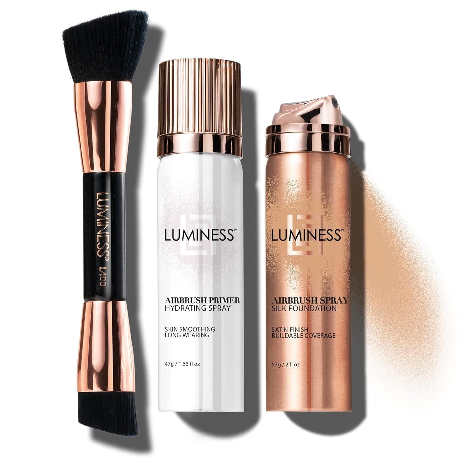 LUMINESS Silk Airbrush Spray Foundation Makeup Starter Kit - Full Coverage Foundation, Primer & Dual-Sided Buffing Brush - Buildable Coverage, Anti-Aging Formula Hydrates & Moisturizes (Shade - Medium)