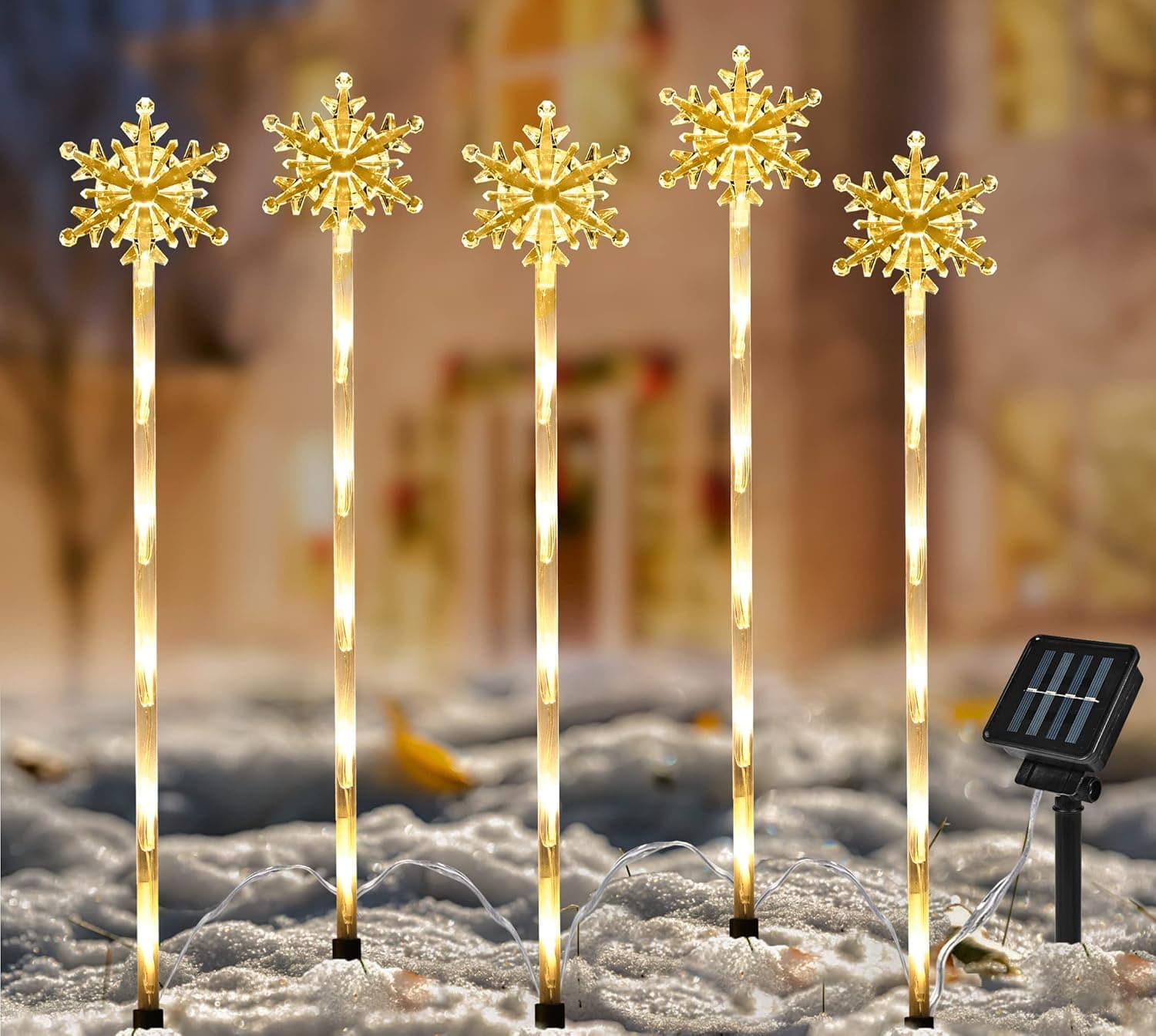 5 Pcs Acrylic Snowflake Solar Pathway Yard Stakes Lights Outdoor Waterproof, Solar Christmas Decorations Outdoor, Solar Christmas Garden Decor Lights- Warm White