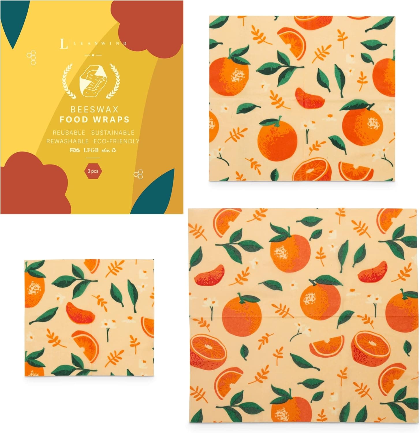Leanwind Beeswax Food Wraps | 3 Pack Reusable and Eco-Friendly Organic Bees Wax Paper in Orange Slice Fruit Pattern | Sustainable Wrap for Kitchen Organization and Storage of Meals