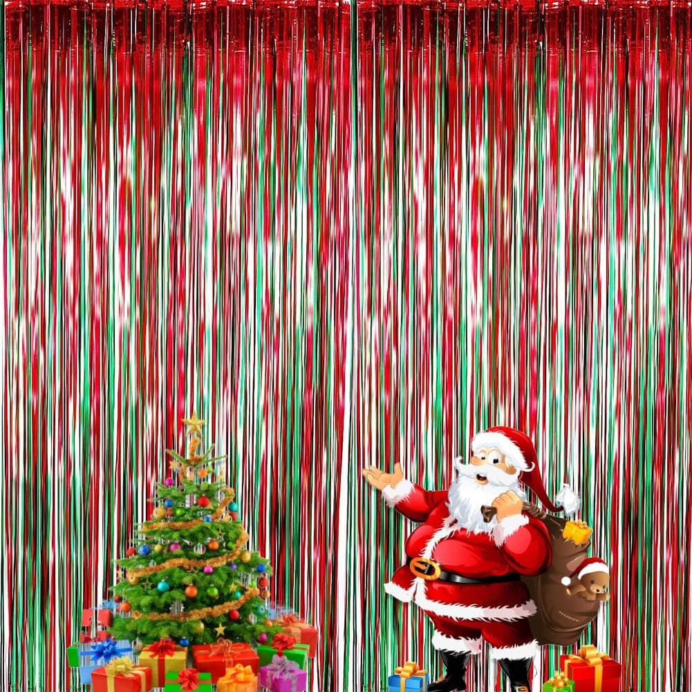 2 Pack Christmas Foil Curtains Red and Green Matte Curtain Photo Props Background for Birthday Celebrations Christmas Party Decorations