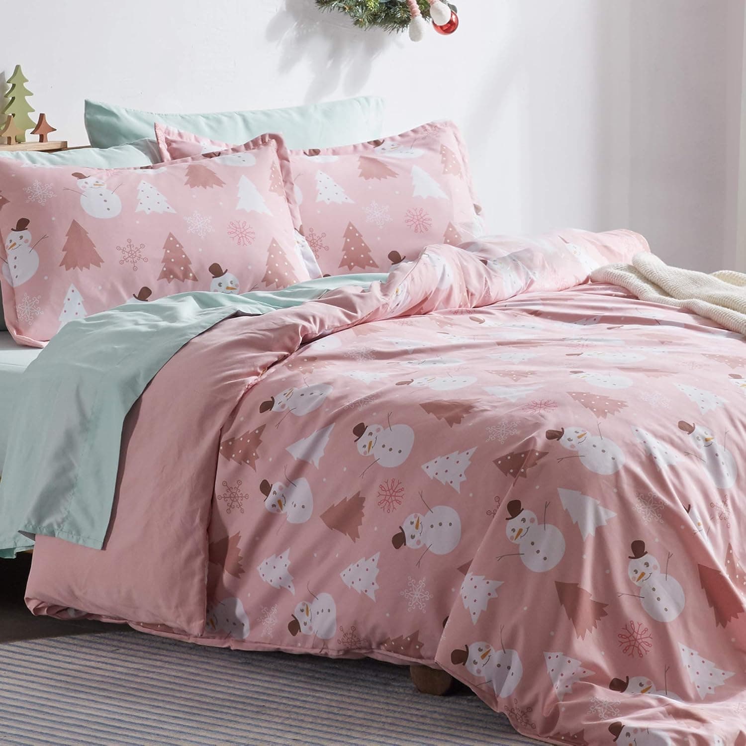 SLEEP ZONE Cute Printed Kids Duvet Cover Set Twin Size 2 Pieces - Super Soft Comforter Cover with 1 Pillow Sham, Easy Care Zipper Closure ( Pink Snowman, Twin)