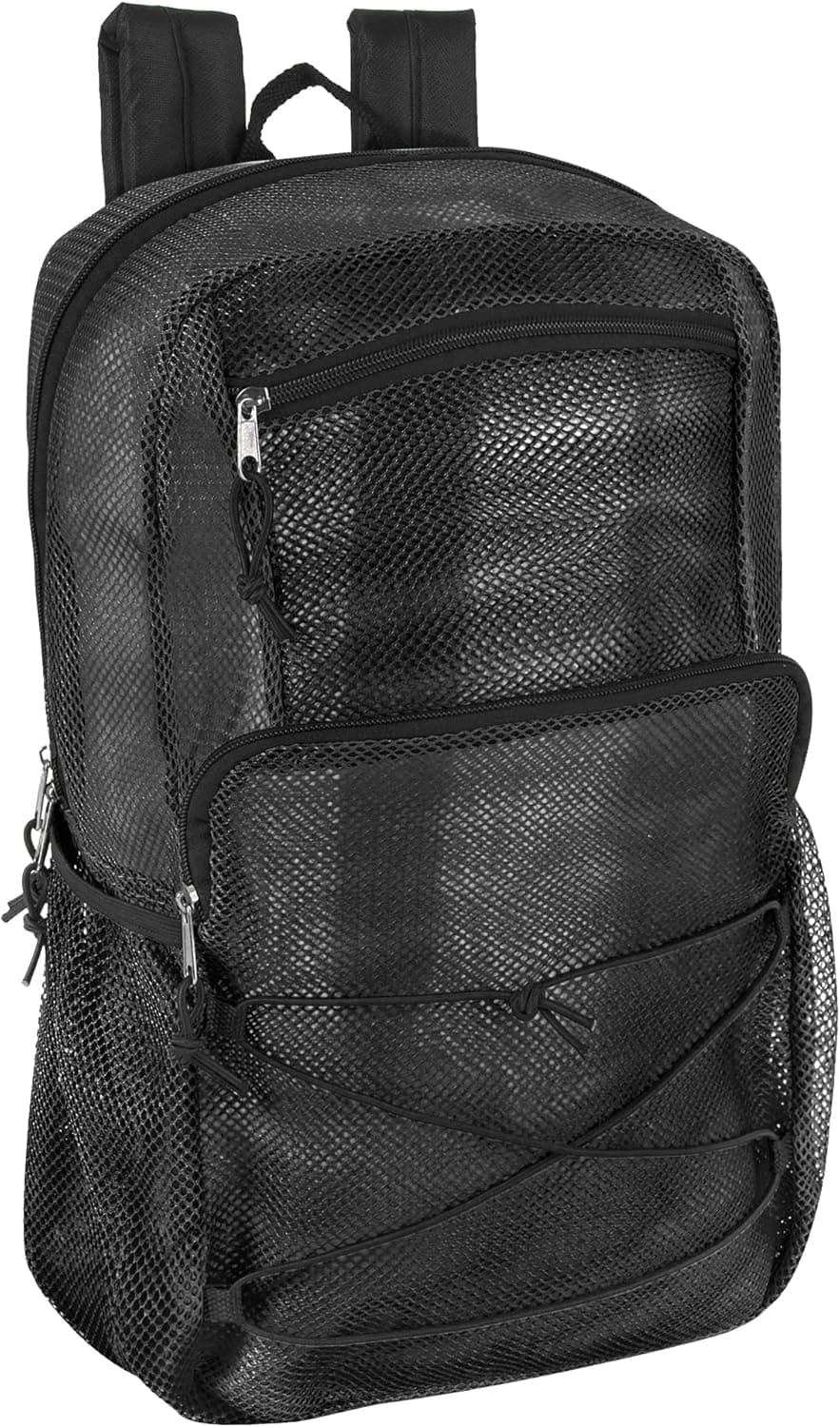 Deluxe Mesh Backpack with Bungee Cord & Adjustable Padded Straps, for Swimming, School, Travel (Black)