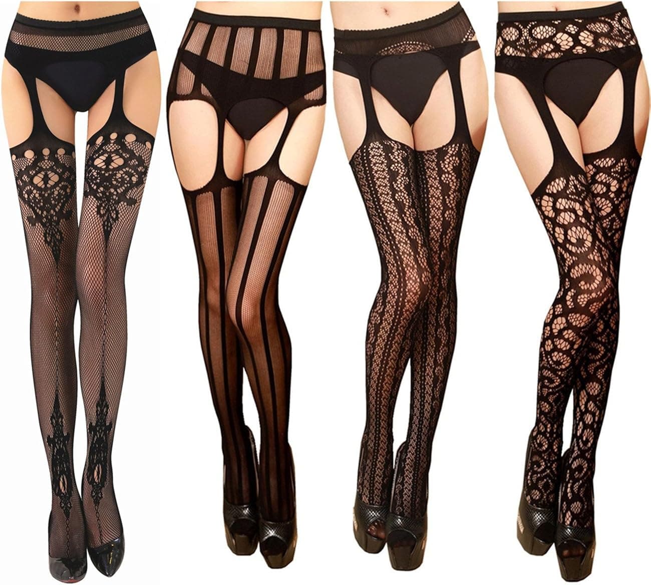 Women's Fishnet Stockings Tights Suspender Pantyhose Patterned Thigh High Stocking Black
