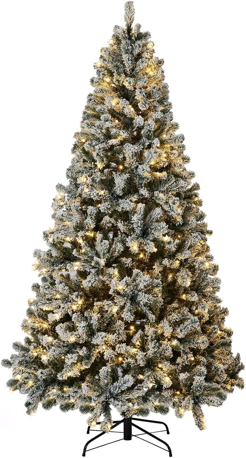 HOLLO STAR 6ft Pre-Lit Snow Artificial Christmas Tree w/250 LED Lights, 938 Branch Tips Hinged Flocked Trees w/Metal Stand, Holiday Decoration Xmas Tree